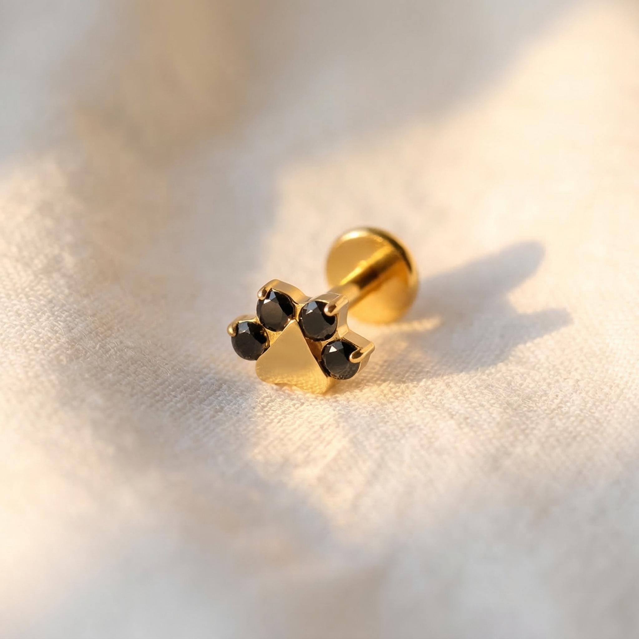 16G Titanium Cat Paw Stud, Black CZ Cartilage Earring, Tiny Pet Animal Helix Piercing, Flat Back Tragus Labret Jewelry