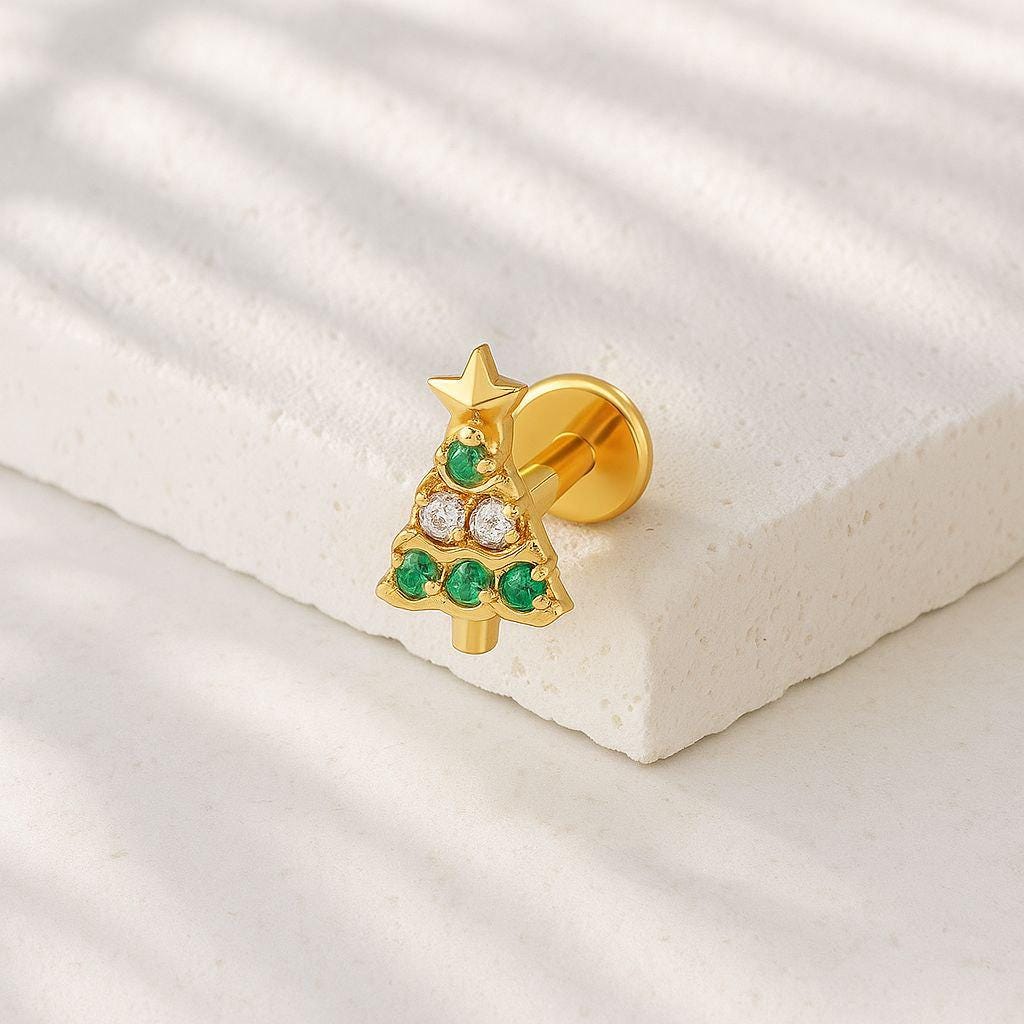 16G Titanium Christmas Tree Labret • Internally Threaded Flat Back Stud • Helix, Tragus & Cartilage Piercing Holiday Jewelry