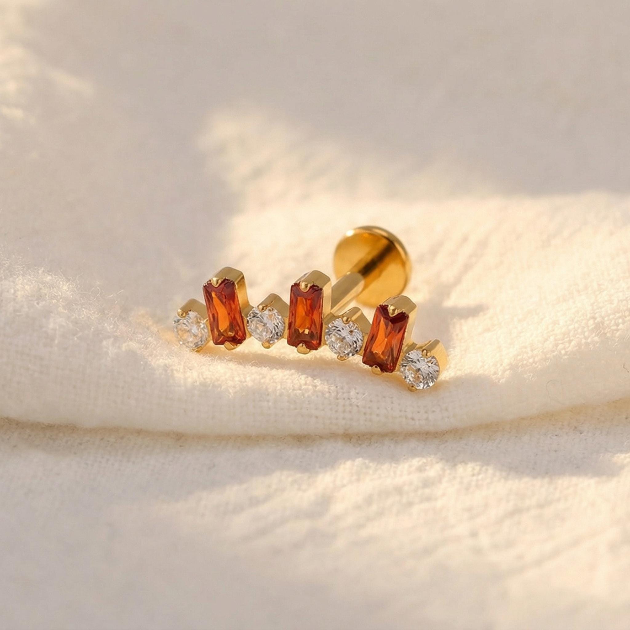 16G Titanium Baguette CZ Labret • Internally Threaded Flat Back Earring • Helix, Tragus & Cartilage Piercing Jewelry