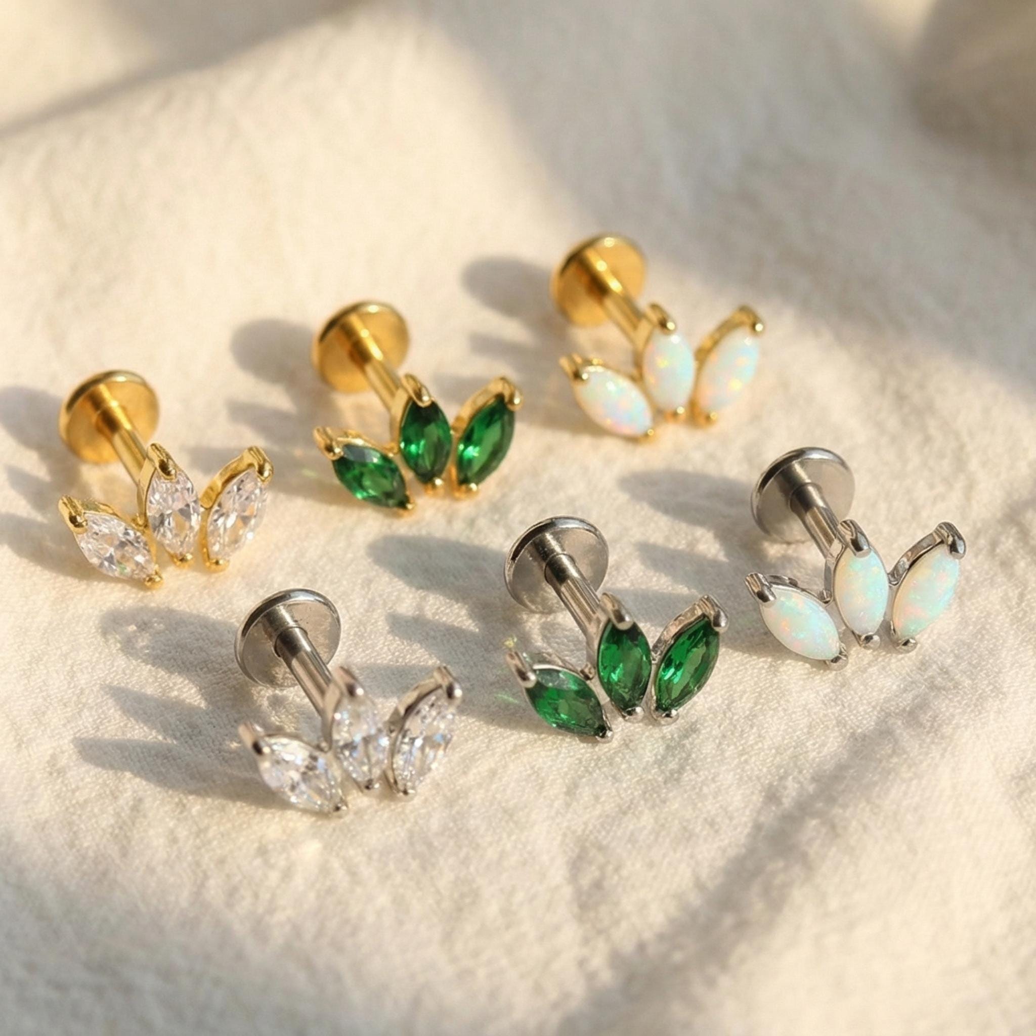 16G Titanium Trinity Opal Stud, Triple Marquise CZ Lotus Cluster, Flat Back Labret, Helix Tragus Cartilage Earring, Hypoallergenic