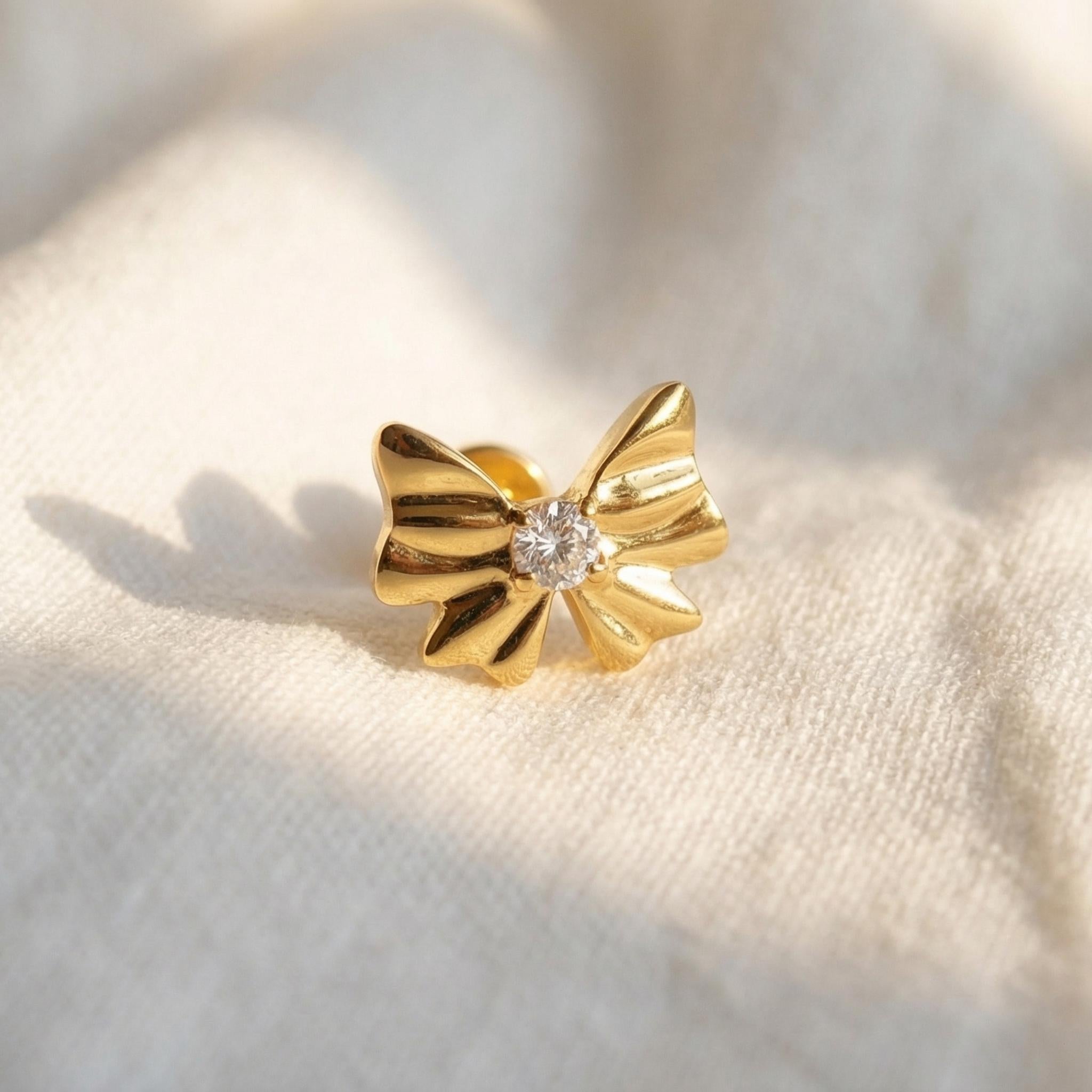 16G Titanium Bow Tie Labret Stud, CZ Ribbon Cartilage Earring, Flat Back Helix Tragus Piercing, Coquette Conch Lip Jewelry