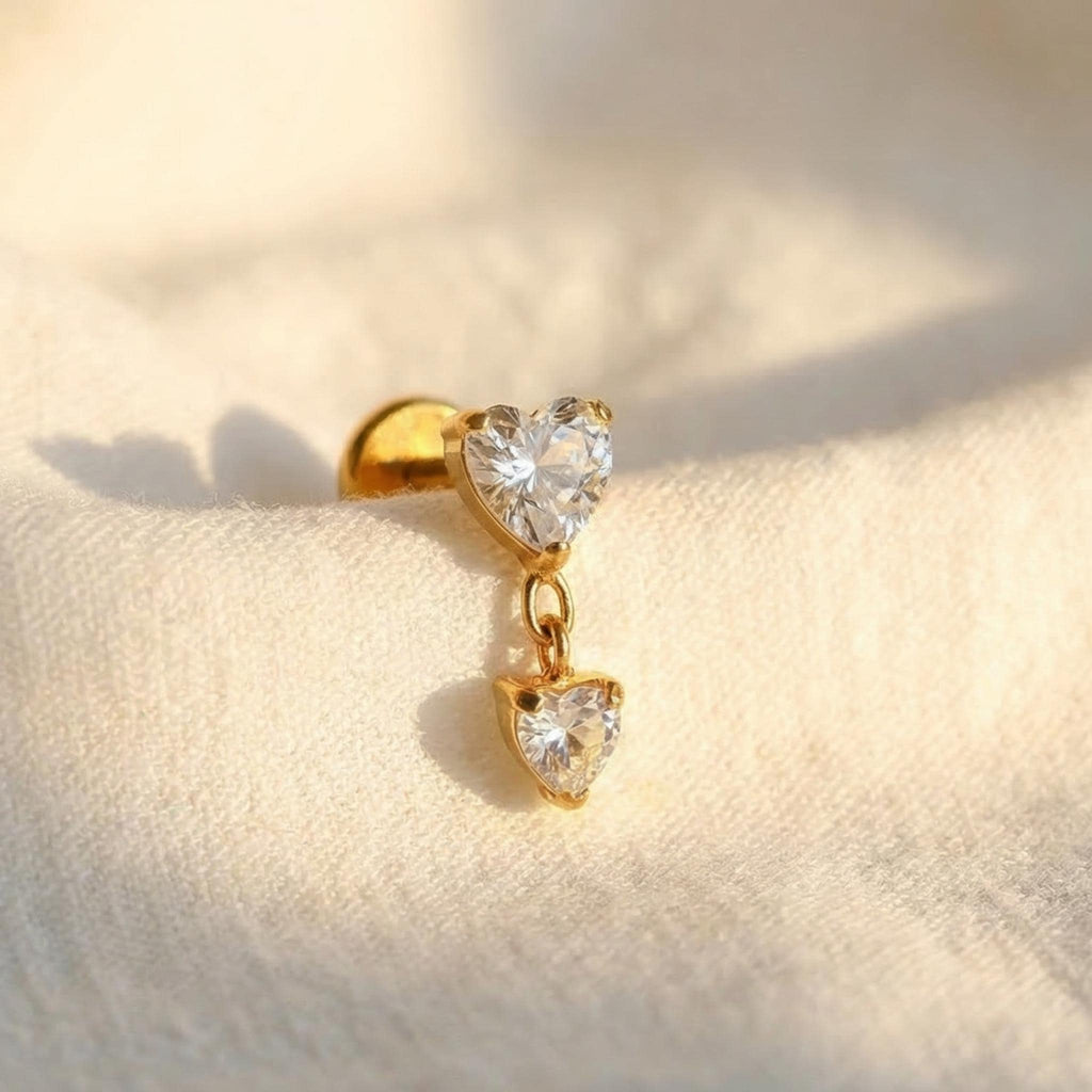 16G Titanium Heart Dangle Stud, Tiny CZ Drop Cartilage Earring, Flat Back Helix Tragus Piercing, Hypoallergenic Labret
