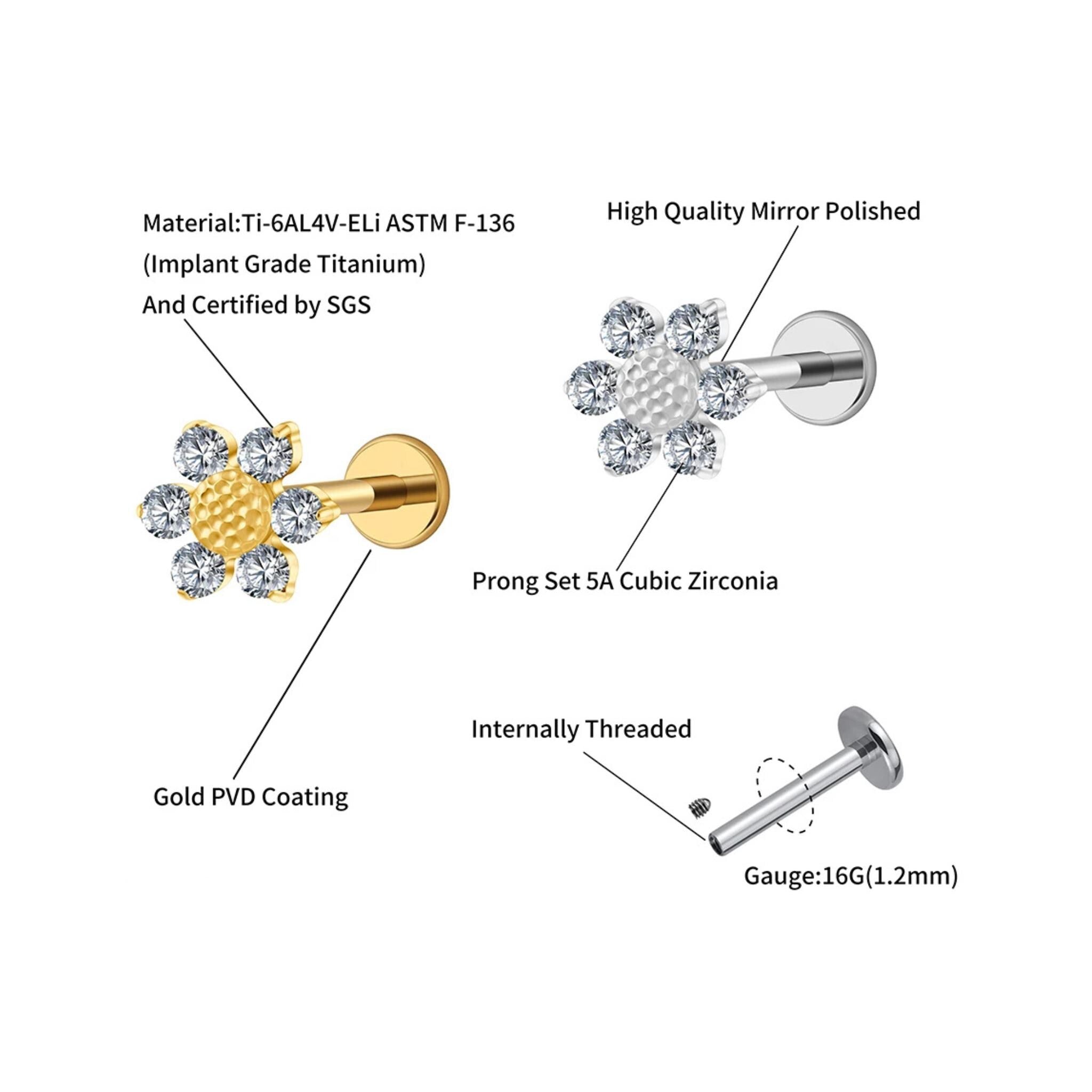 16G Titanium Mini Sunflower Stud, Dainty CZ Floral Cartilage Earring, Flat Back Helix Conch Piercing, Hypoallergenic Labret