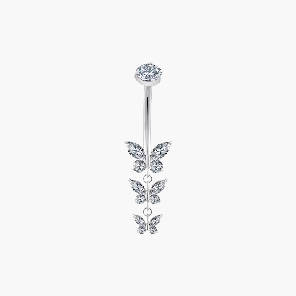 14G Titanium Triple Butterfly Belly Ring, Dangle CZ Navel Piercing, Sparkling Curved Barbell, Implant Grade Body Jewelry ASTM F136