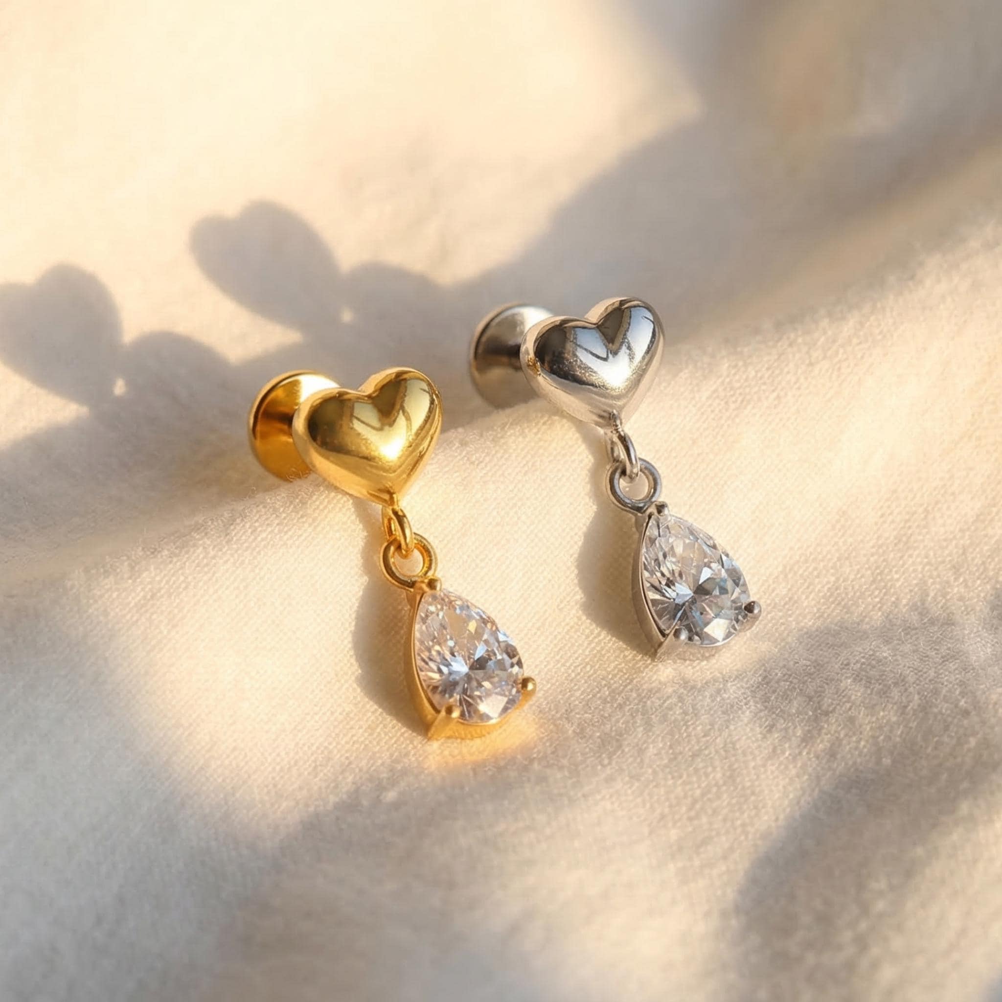 16G Titanium Heart Dangle Stud, Teardrop CZ Cartilage Earring, Flat Back Helix Tragus Piercing, Romantic Drop Labret Jewelry