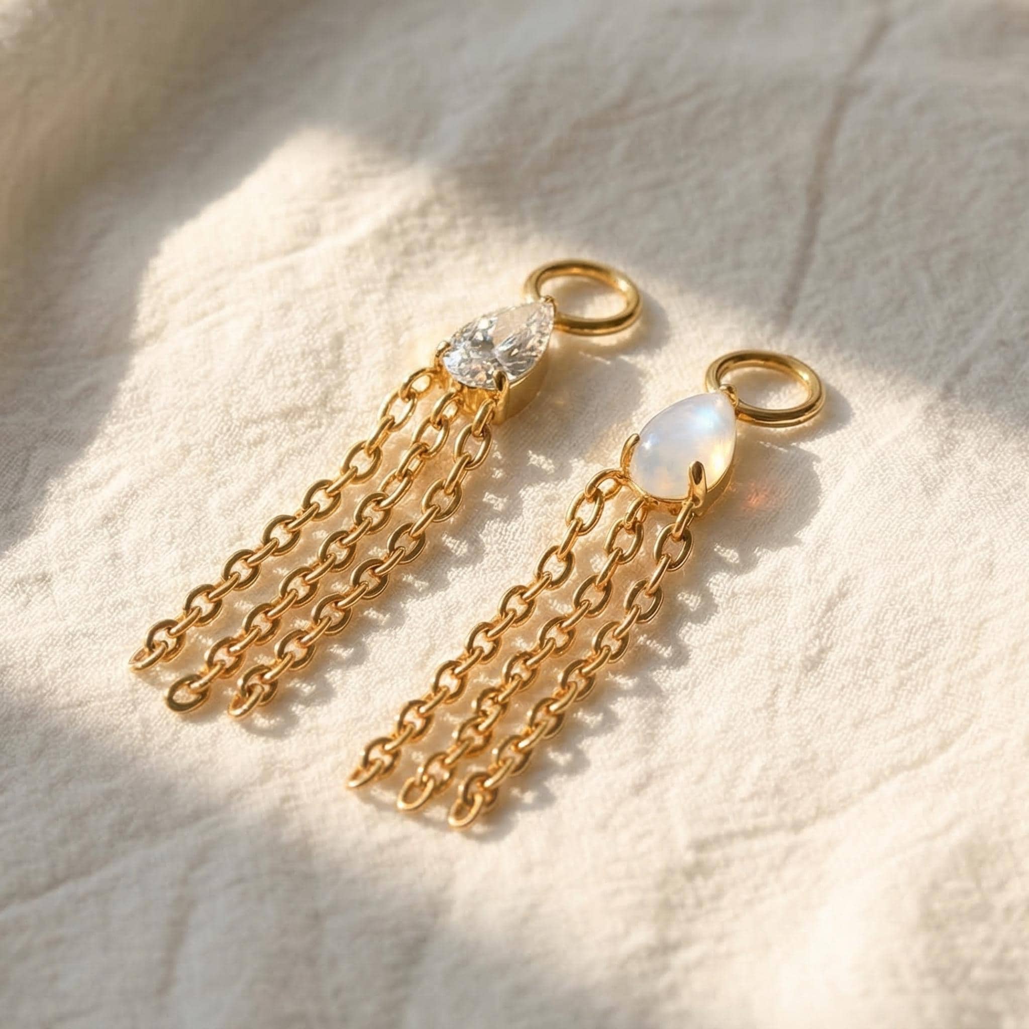 Titanium Piercing Chain Connector, Teardrop Moonstone CZ Charm, Dangle Cartilage Helix Accessory, Dainty Hoop Drop Earring Add-on