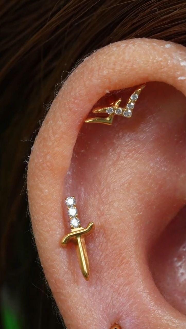 16G Titanium Sword Stud, CZ Dagger Flat Back Earring, Tiny Poniard Helix Tragus Conch Piercing, Edgy Weapon Jewelry, Lip Labret