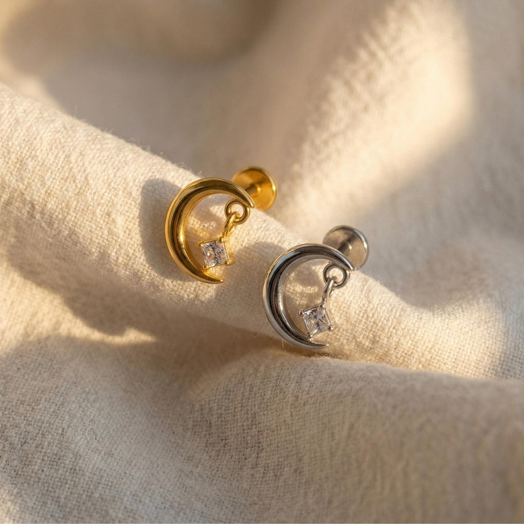 16G Titanium Moon Dangle Stud, CZ Crescent Flat Back Earring, Sparkly Helix Tragus Conch Piercing, Tiny Celestial Drop Jewelry