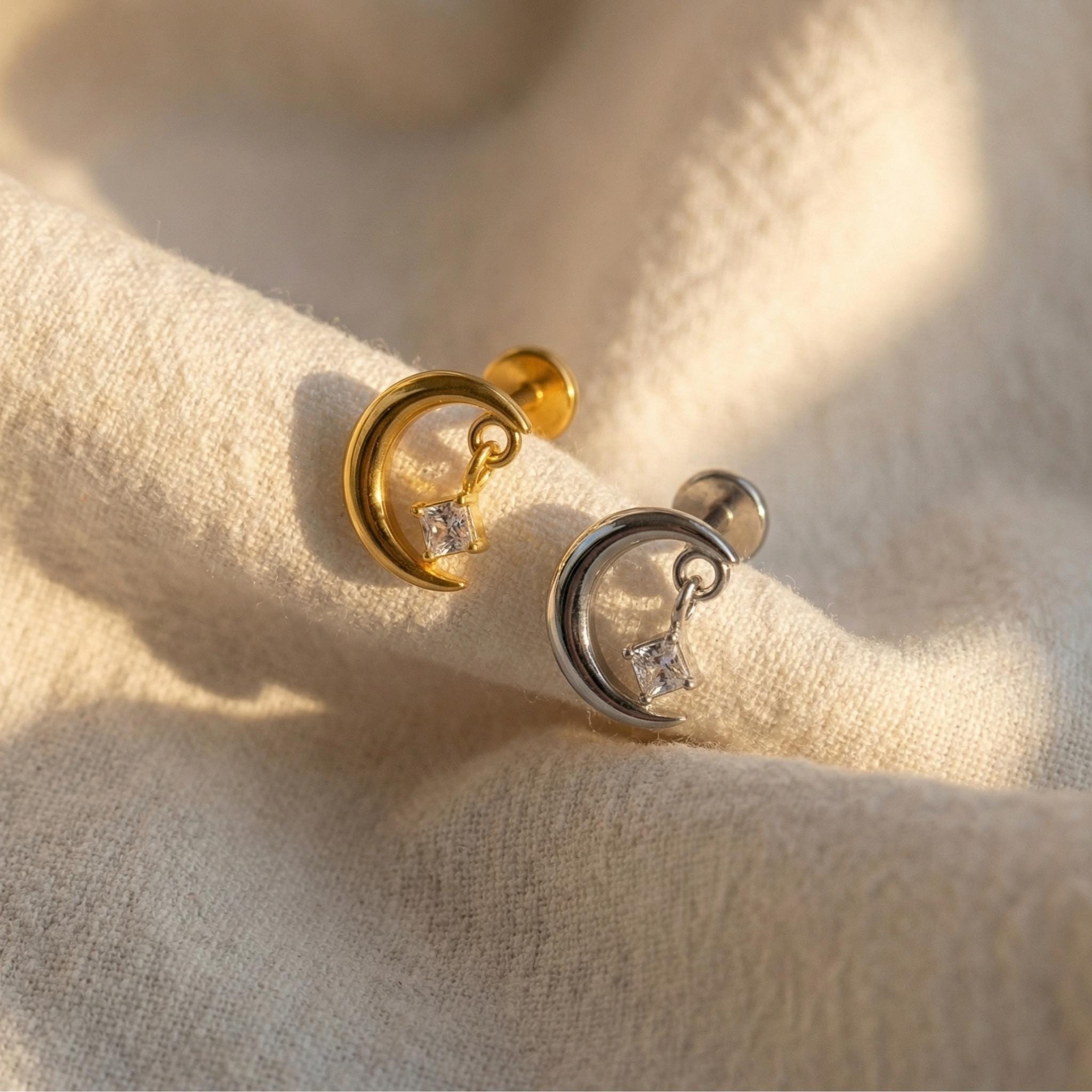 16G Titanium Moon Dangle Stud, CZ Crescent Flat Back Earring, Sparkly Helix Tragus Conch Piercing, Tiny Celestial Drop Jewelry