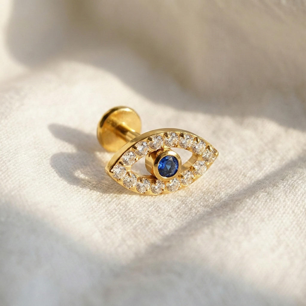 16G Titanium Evil Eye Labret Stud • Internally Threaded Flat Back Earring • Cartilage, Helix & Tragus Piercing Jewelry