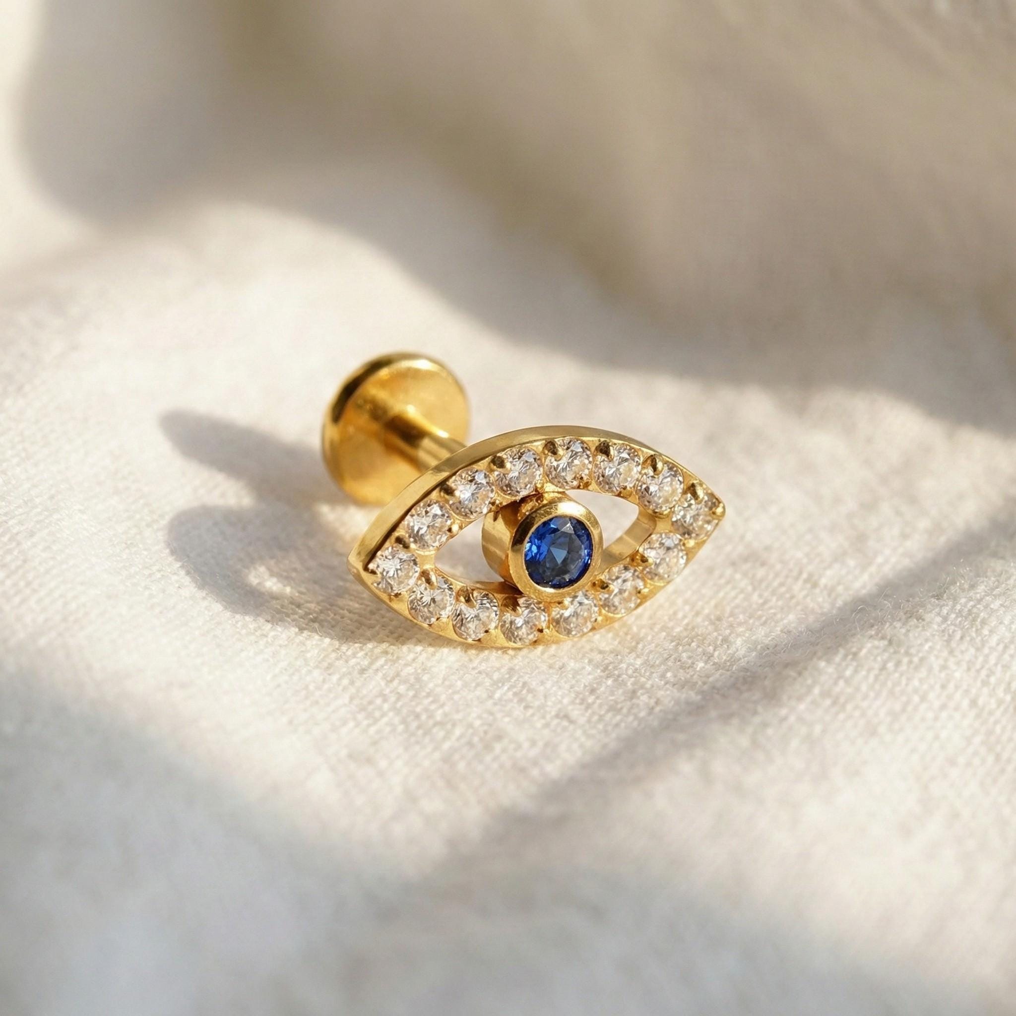 16G Titanium Evil Eye Labret Stud • Internally Threaded Flat Back Earring • Cartilage, Helix & Tragus Piercing Jewelry