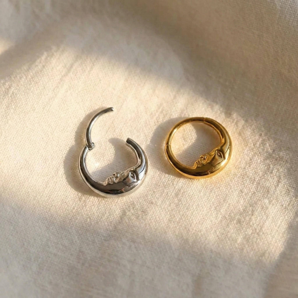 16G Titanium "Man in the Moon" Clicker, Face Crescent Septum Ring, Daith Helix Tragus Hoop, Silver Hypoallergenic Celestial Piercing