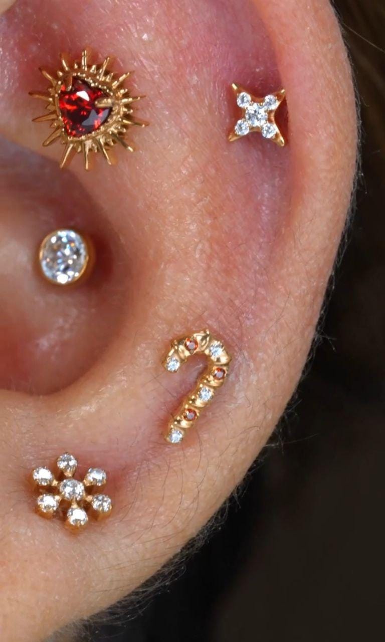 16G Titanium Snowflake Stud, Tiny CZ Winter Flat Back Earring, Threaded Helix Tragus Conch Piercing, Christmas Jewelry Gift