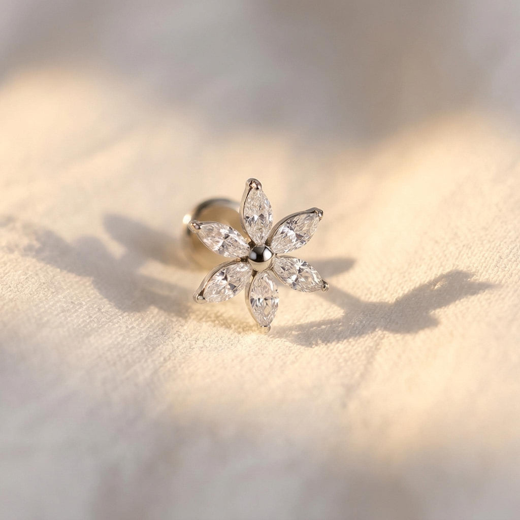 16G Titanium Marquise Flower Labret, CZ Floral Cartilage Stud, Flat Back Tragus Helix Conch Piercing, Hypoallergenic Jewelry