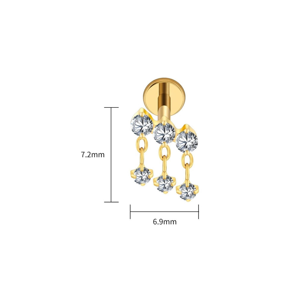 16G Titanium Hidden Helix Stud, Floating Dangle Chain Earring, Triple CZ Cartilage Piercing, Flat Back Earlobe Jewelry, ASTM F136