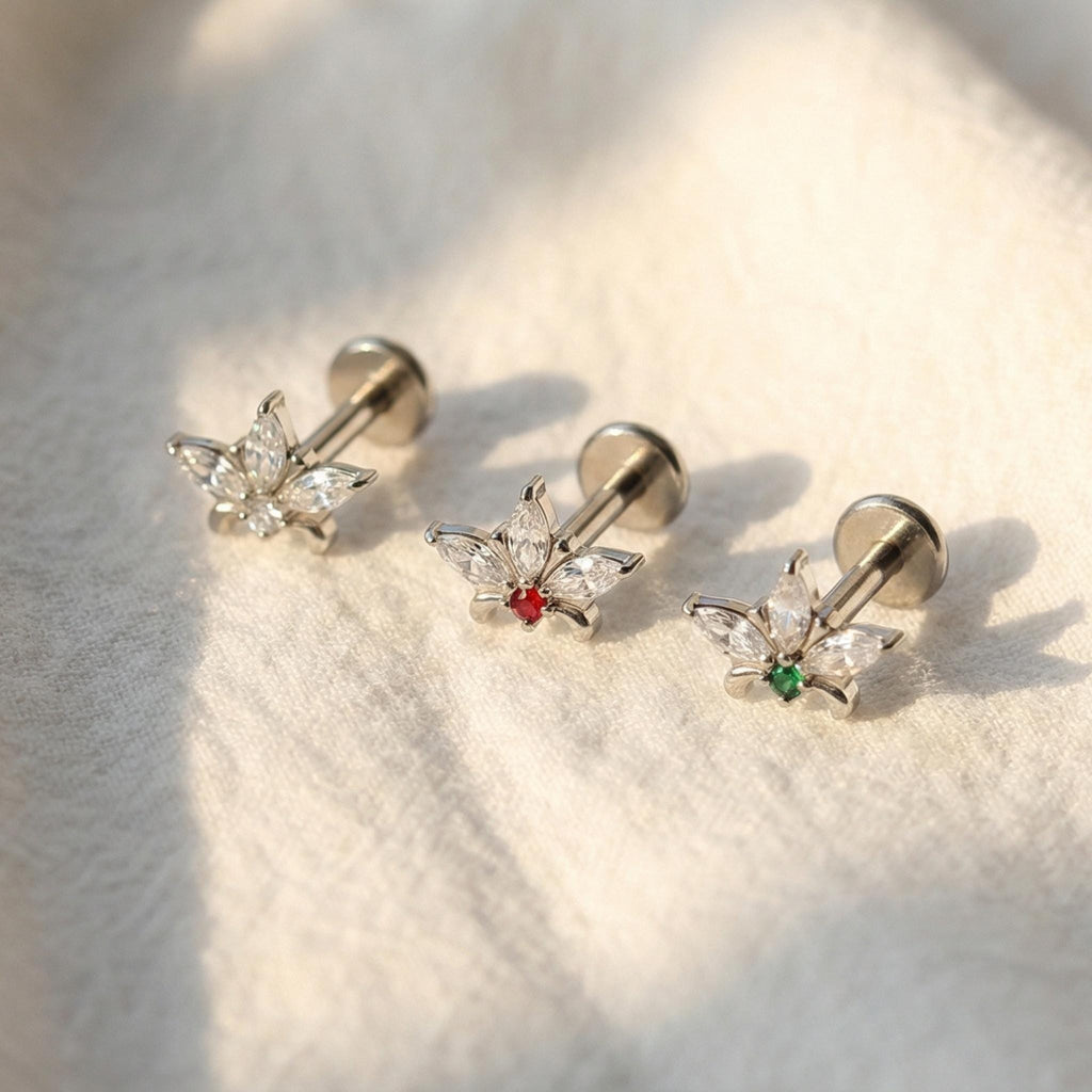 16G Red Garnet Star Stud, Marquise CZ Flat Back Labret, Vintage Cartilage Earring, Conch Helix Tragus Piercing