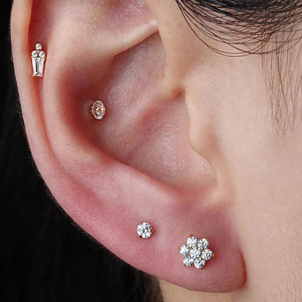 Titanium Tiny Flower Stud, 16G CZ Crystal Labret, Flat Back Earring, Tragus Helix Conch Cartilage Piercing, Hypoallergenic Jewelry