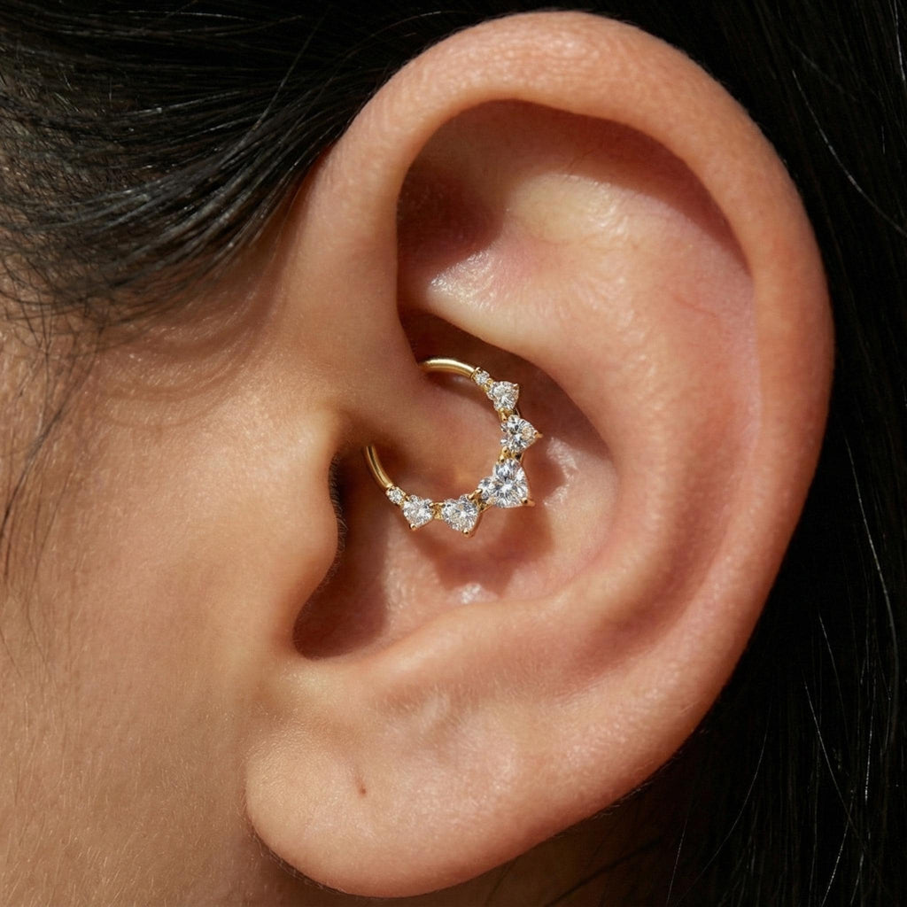 16G Titanium Heart Daith Clicker, CZ Paved Septum Ring, Hinged Segment Hoop, Hypoallergenic Cartilage Earring, Gold Silver
