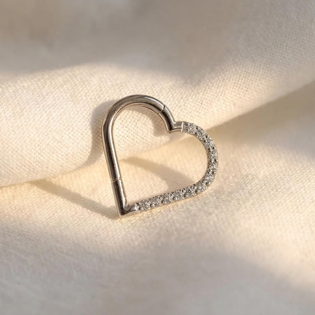 16G Titanium Heart CZ Daith Earring, 8mm Silver Helix Hoop Earring, Gold Cartilage Ring Clicker, Hinged Left Right Ear Piercing