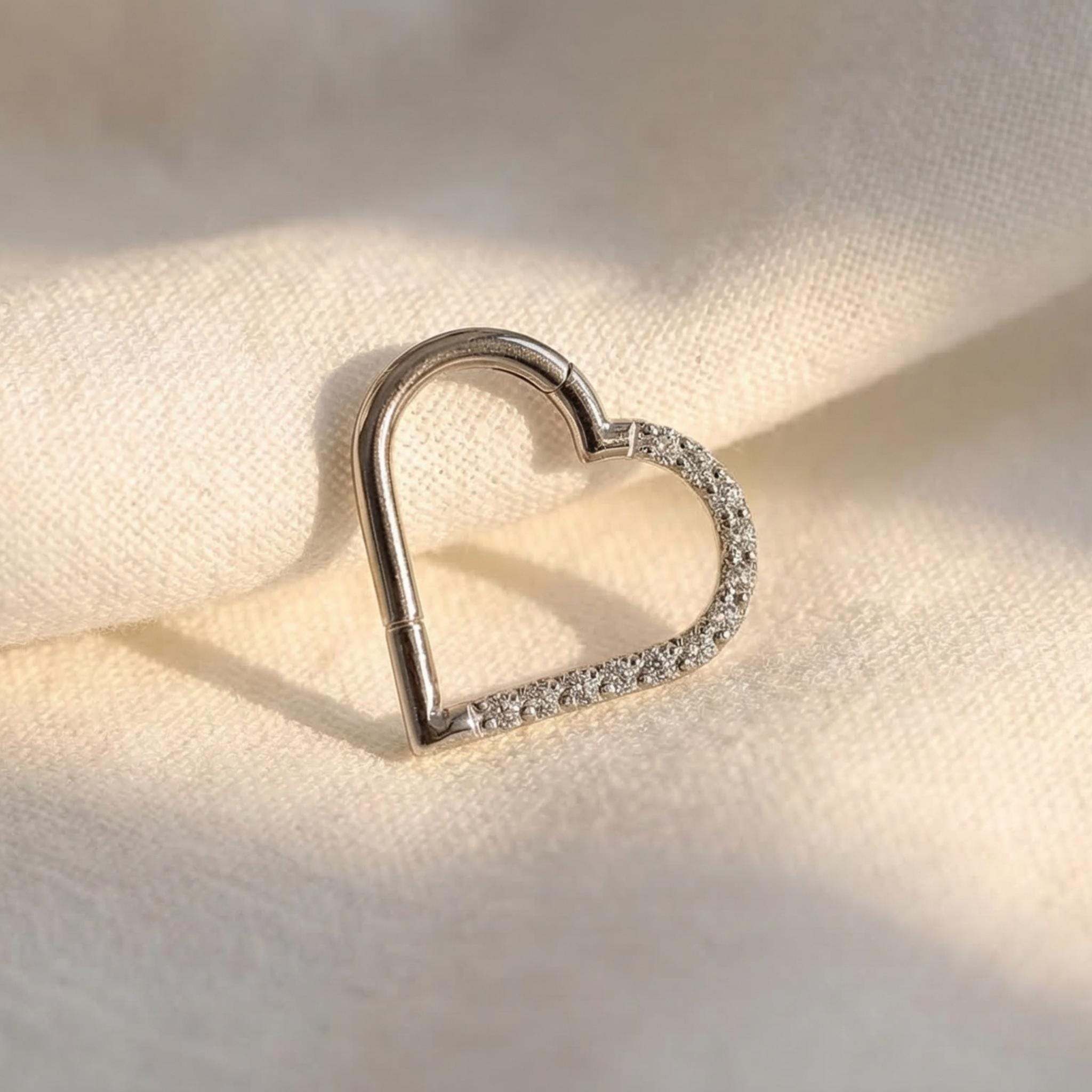 16G Titanium Heart CZ Daith Earring, 8mm Silver Helix Hoop Earring, Gold Cartilage Ring Clicker, Hinged Left Right Ear Piercing