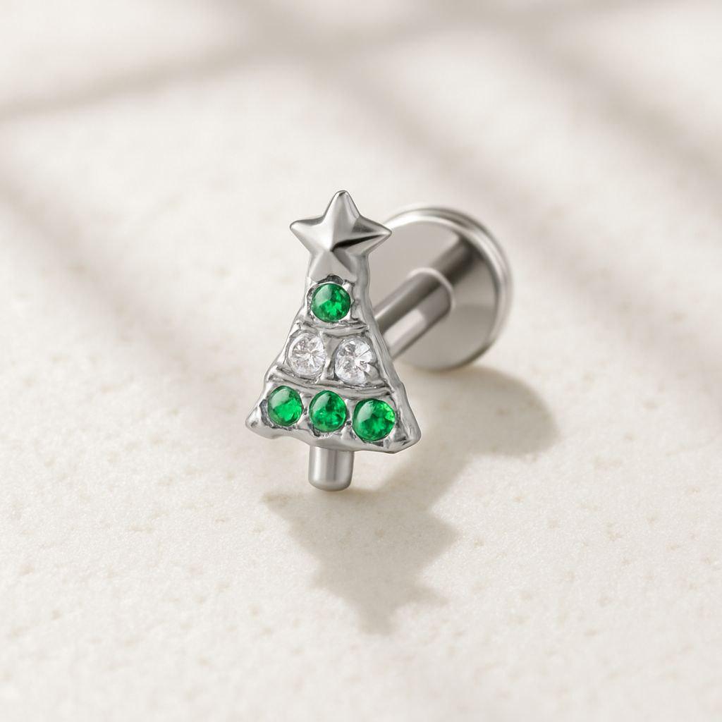 16G Titanium Christmas Tree Labret • Internally Threaded Flat Back Stud • Helix, Tragus & Cartilage Piercing Holiday Jewelry