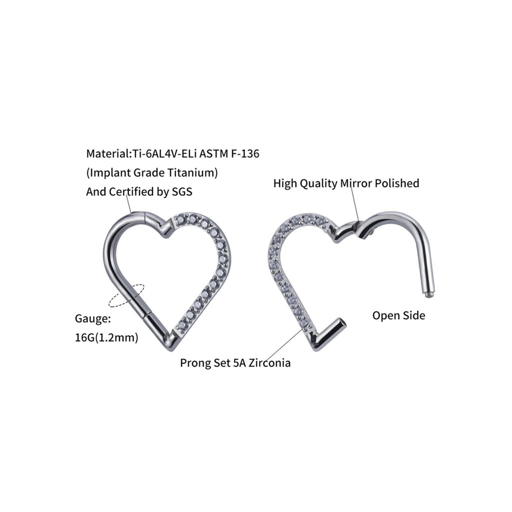 16G Titanium Heart CZ Daith Earring, 8mm Silver Helix Hoop Earring, Gold Cartilage Ring Clicker, Hinged Left Right Ear Piercing
