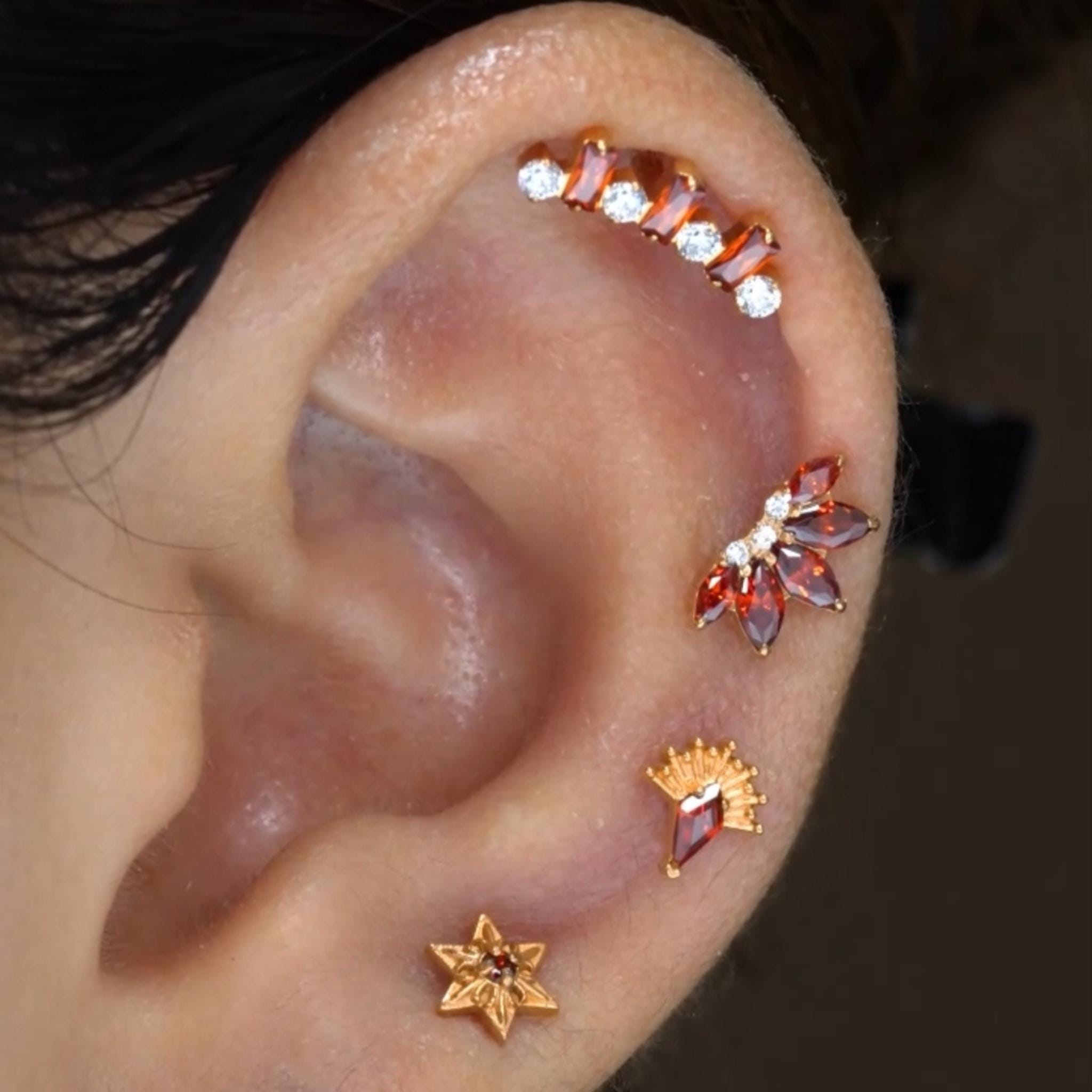 16G Gold Titanium Red Lotus Stud, Ruby Marquise CZ Fan Cartilage Earring, Flat Back Labret for Helix Conch, Hypoallergenic Piercing