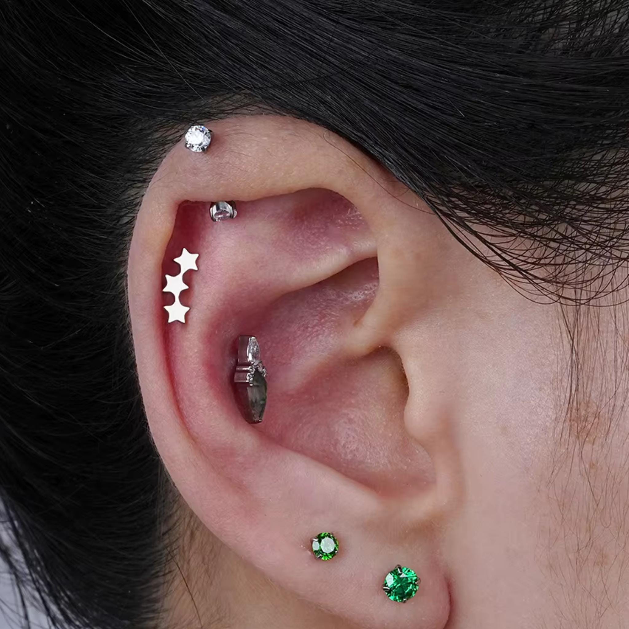 16G Titanium Triple Star Cluster, 3 Star Climber Flat Back Stud, Celestial Helix Tragus Conch Piercing, Tiny Galaxy Jewelry
