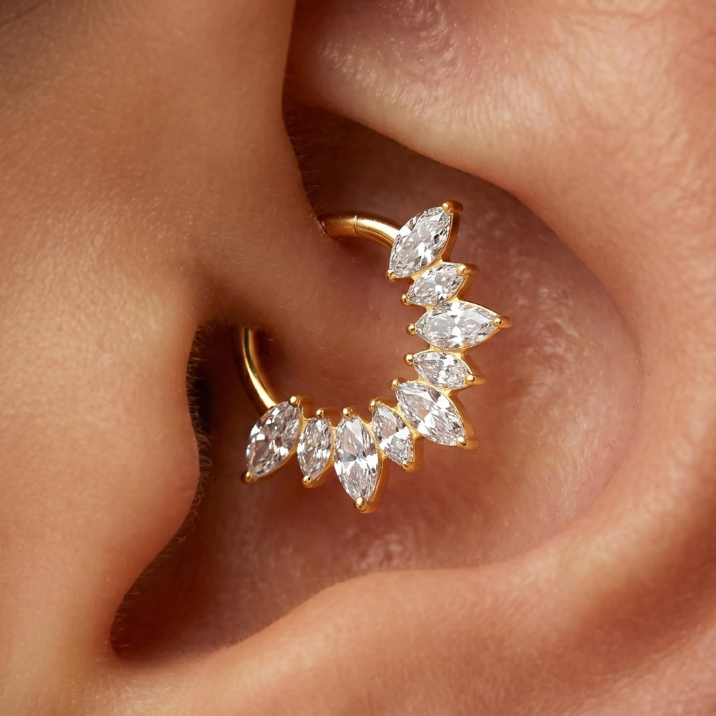 16G ASTM F136 Titanium Septum Clicker, Marquise CZ Daith Hoop, Gold Silver Cartilage Earring, Rook Tragus Helix Piercing, Implant Grade
