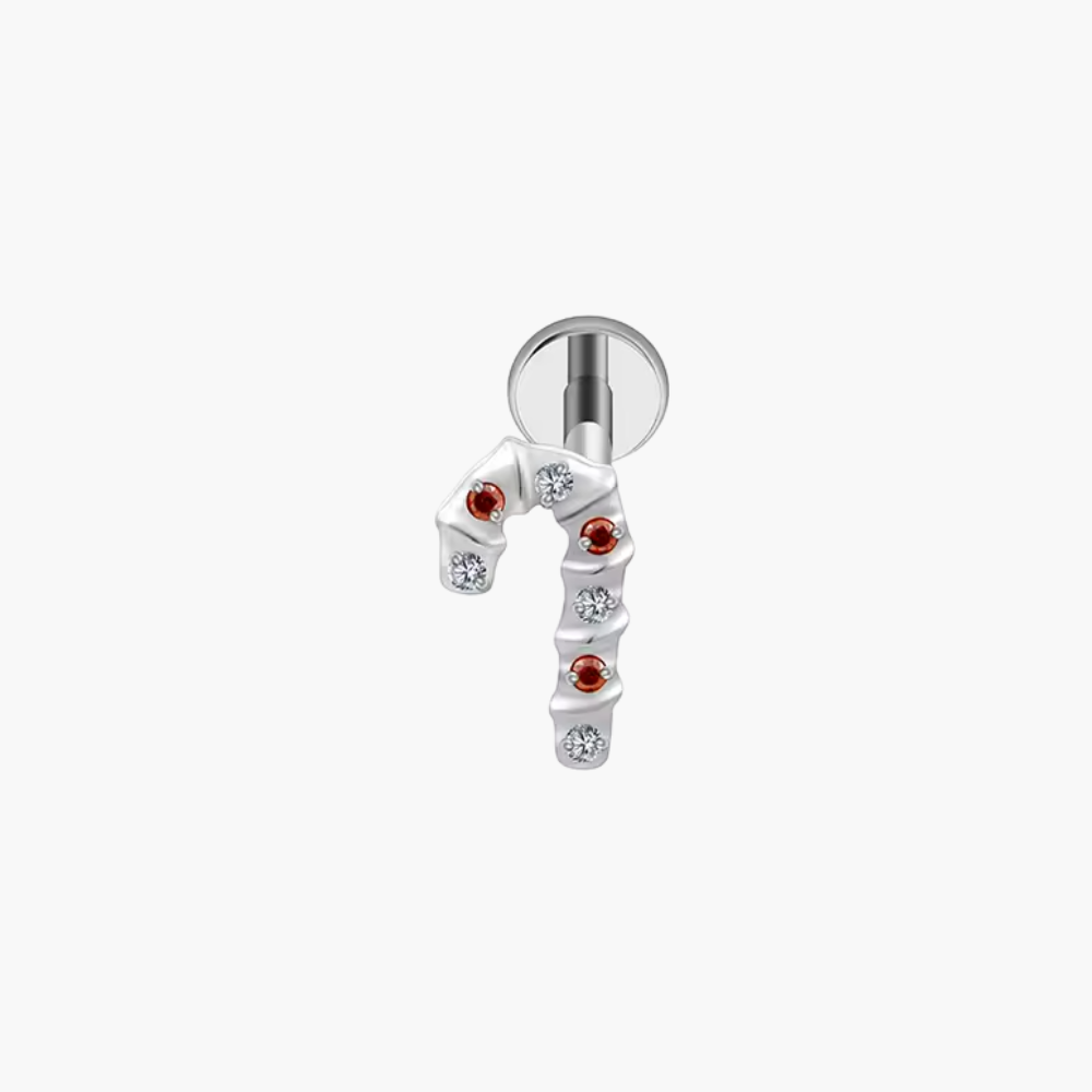 Titanium Candy Cane Stud, Christmas Cartilage Earring, 16G Flat Back Labret, Helix Tragus Conch Piercing, Festive Holiday Jewelry Gift