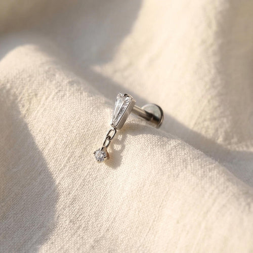 16G Titanium Baguette Dangle Stud, CZ Drop Cartilage Earring, Flat Back Helix Piercing, Hypoallergenic Tragus Lobe Jewelry