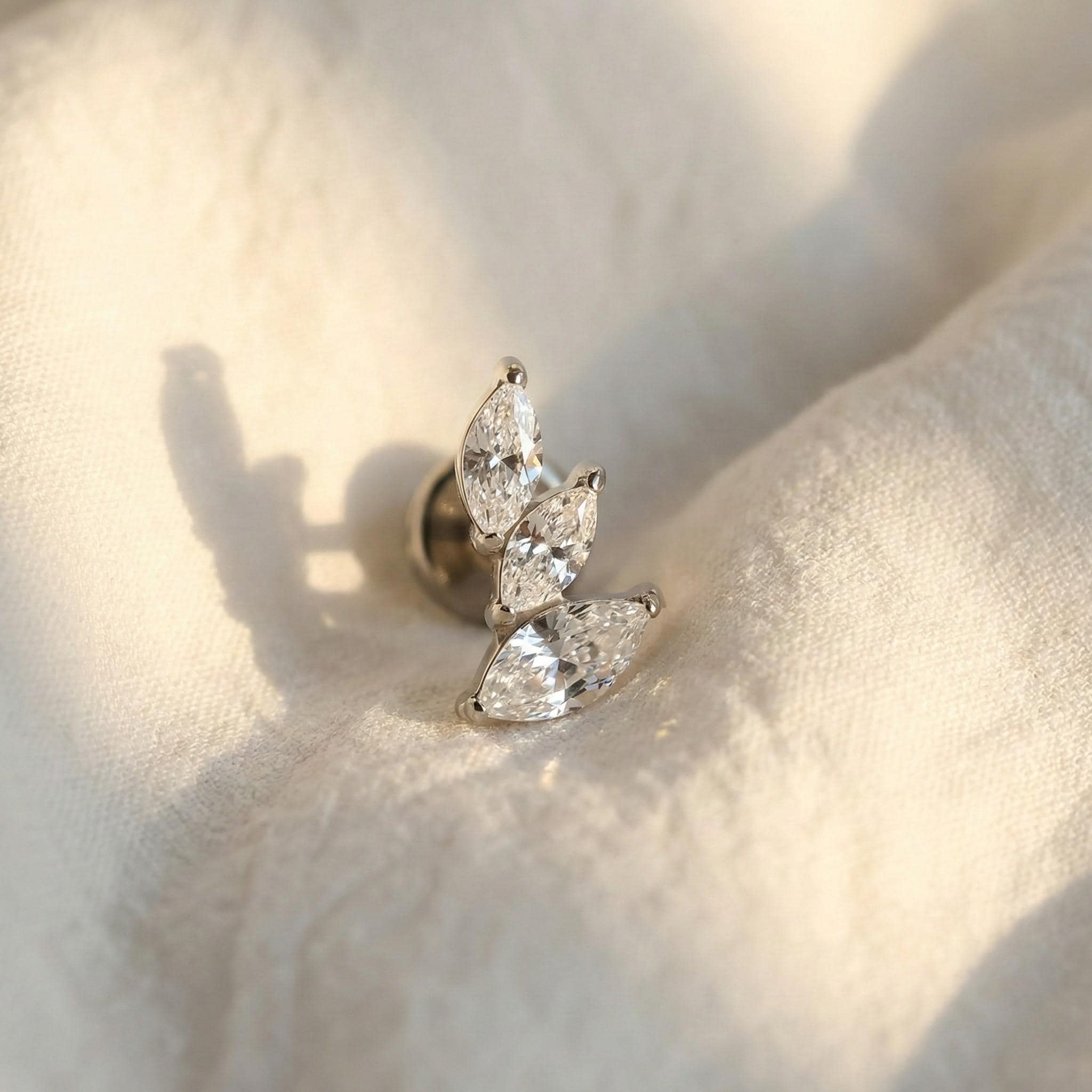 16G Titanium Marquise Cluster Labret, CZ Leaf Crawler Stud, Flat Back Earring for Helix Conch Tragus, Hypoallergenic Cartilage Piercing