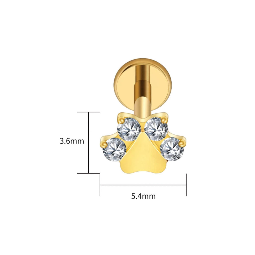 16G Titanium Cat Paw Stud, Black CZ Cartilage Earring, Tiny Pet Animal Helix Piercing, Flat Back Tragus Labret Jewelry