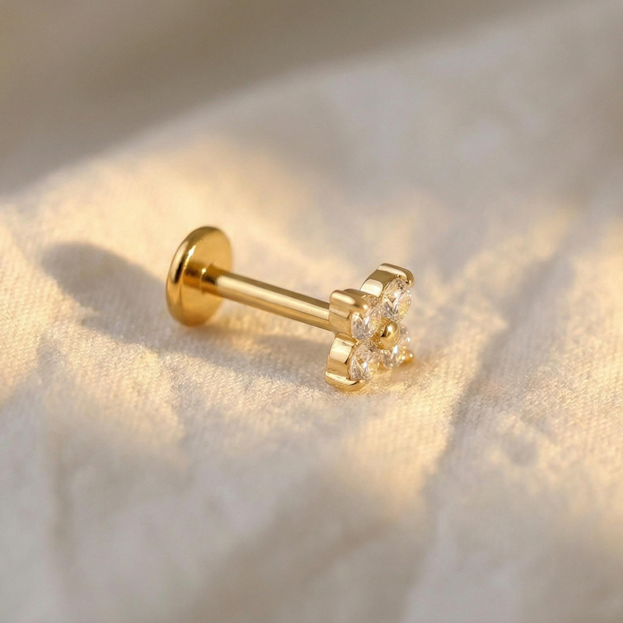 16G Titanium Clover Stud, 4 Petal Flower CZ Labret, Flat Back Helix Tragus Earring, Internally Threaded Cartilage Piercing