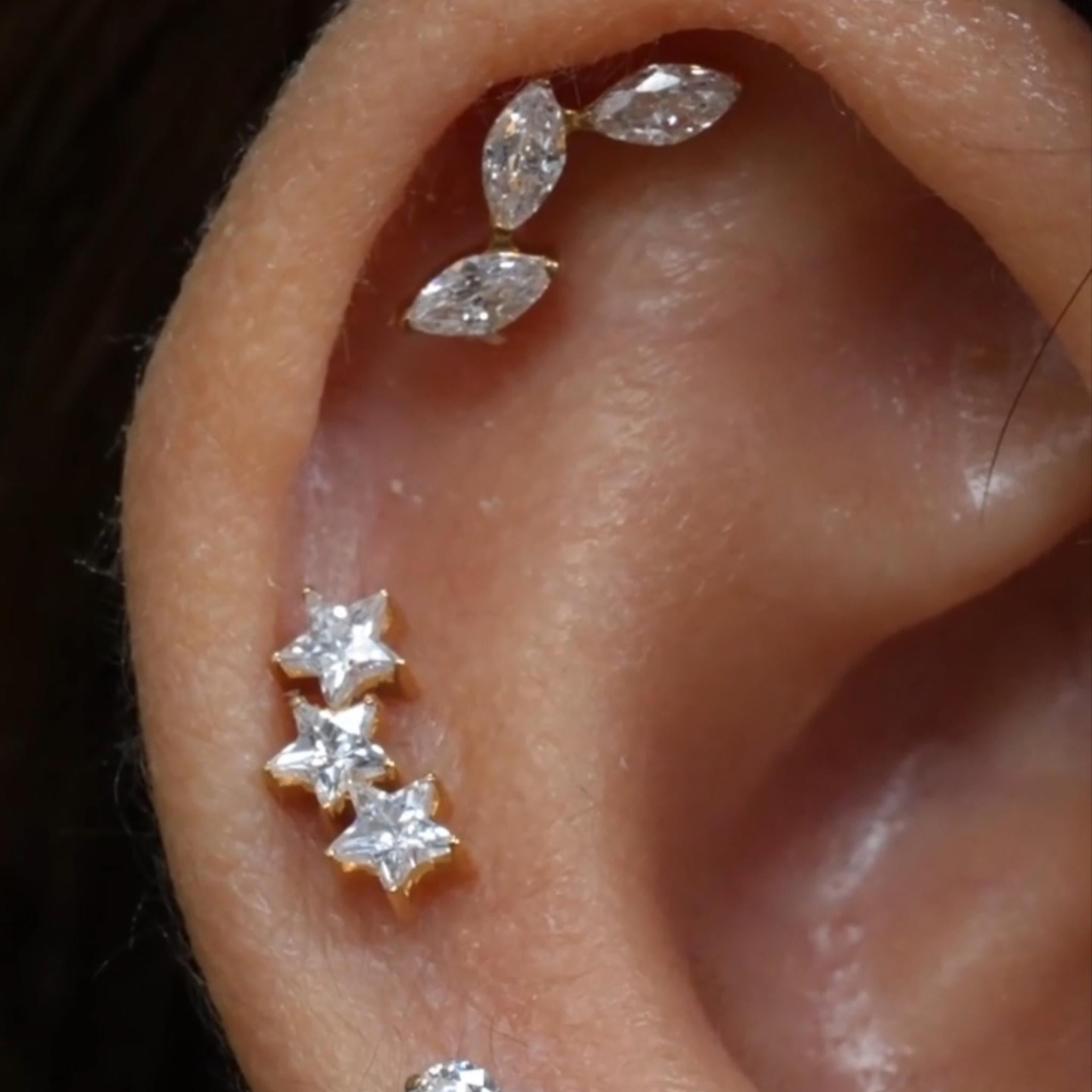 16G Titanium Triple Star Stud, Celestial Flat Back Labret, Cartilage Helix Earring, Hypoallergenic Tragus Cluster Piercing