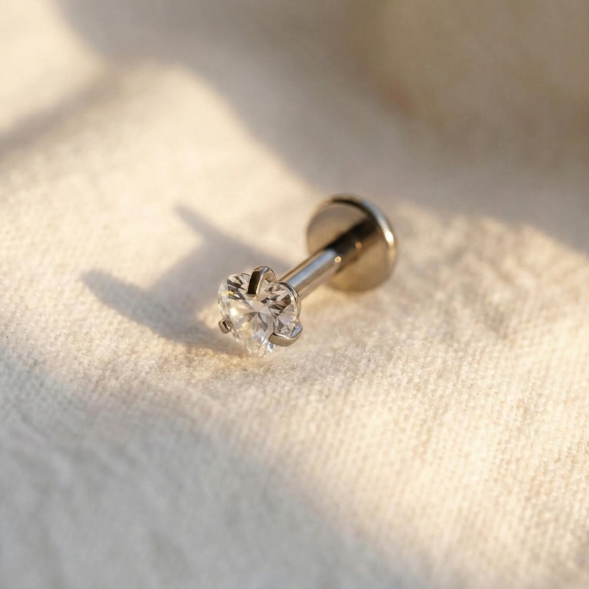 16G Titanium Heart CZ Stud, Internally Threaded Flat Back Labret, Tragus Helix Cartilage Earring, Hypoallergenic Nose Piercing