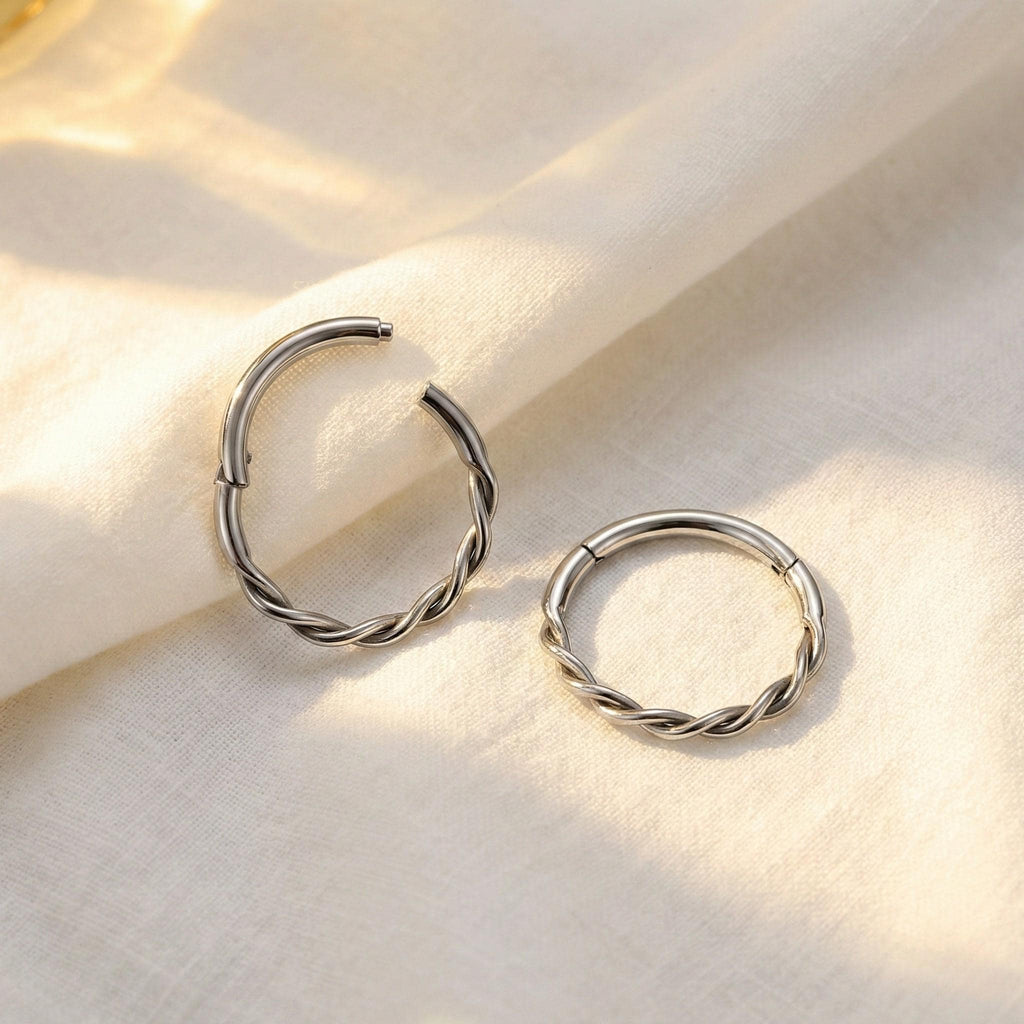 16G Titanium Twisted Clicker Hoop, Braided Rope Septum Ring, Hinged Segment Daith Earring, Helix Tragus Cartilage Piercing