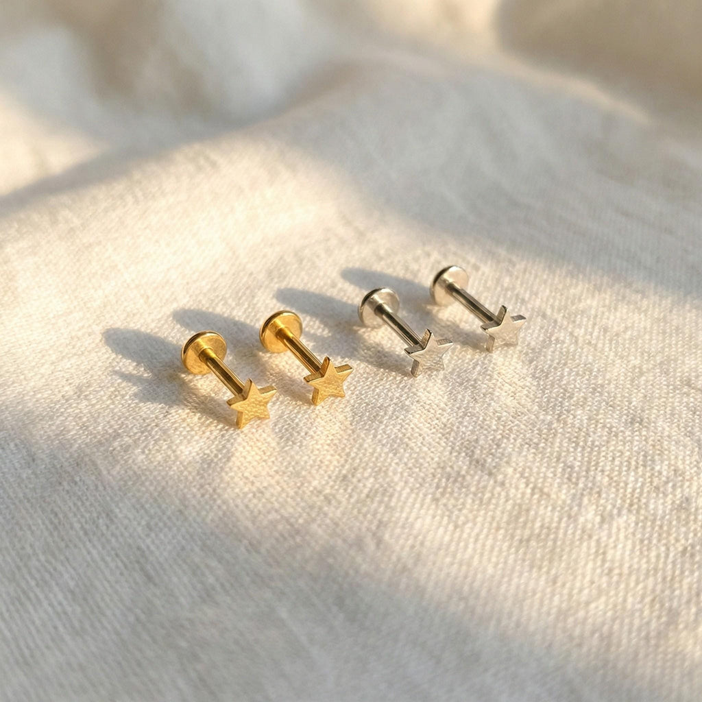 Titanium Threadless Star Stud, Push Pin Flat Back Earring, 16G 18G 20G Nose Piercing, Tiny Celestial Helix Tragus, Hypoallergenic Jewelry