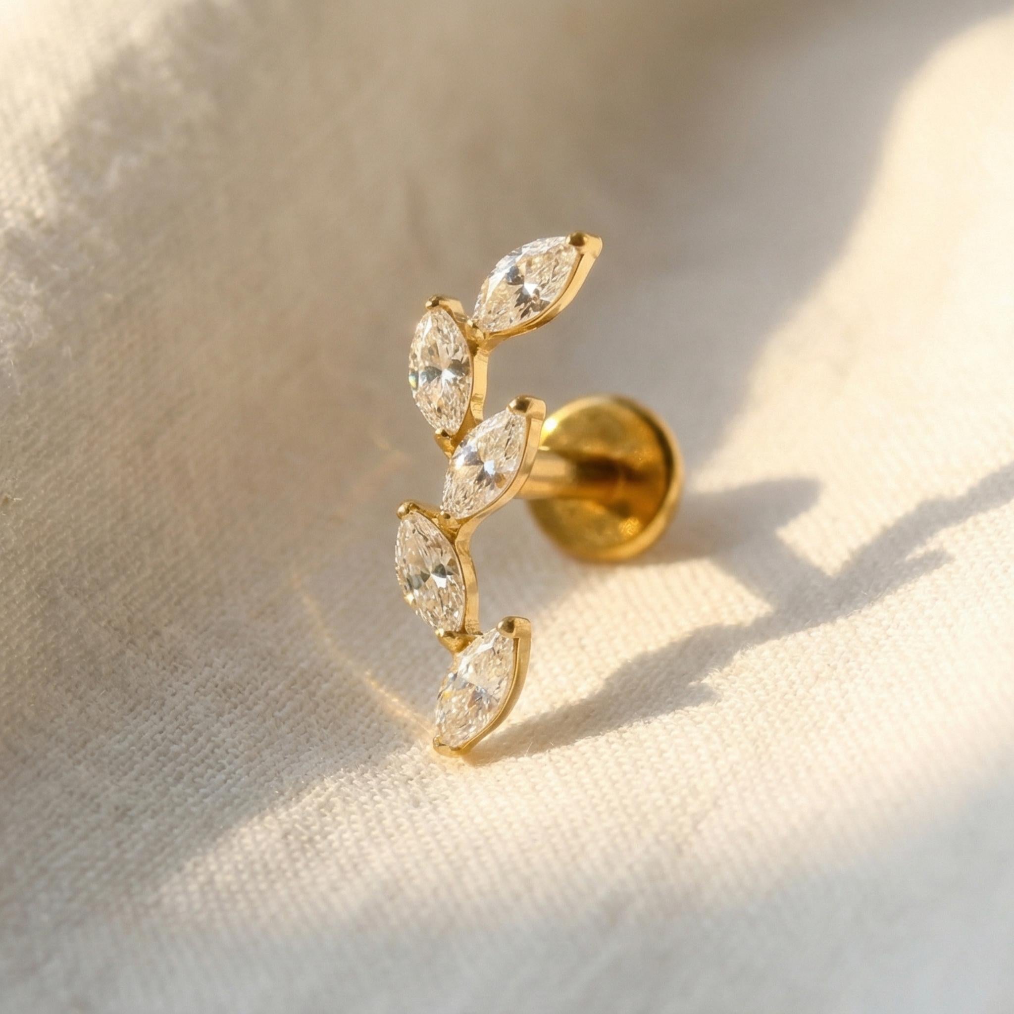 16G Titanium Leaf Ear Climber, 5 Marquise CZ Flat Back Labret, Cartilage Helix Crawler Stud, Hypoallergenic Piercing Jewelry