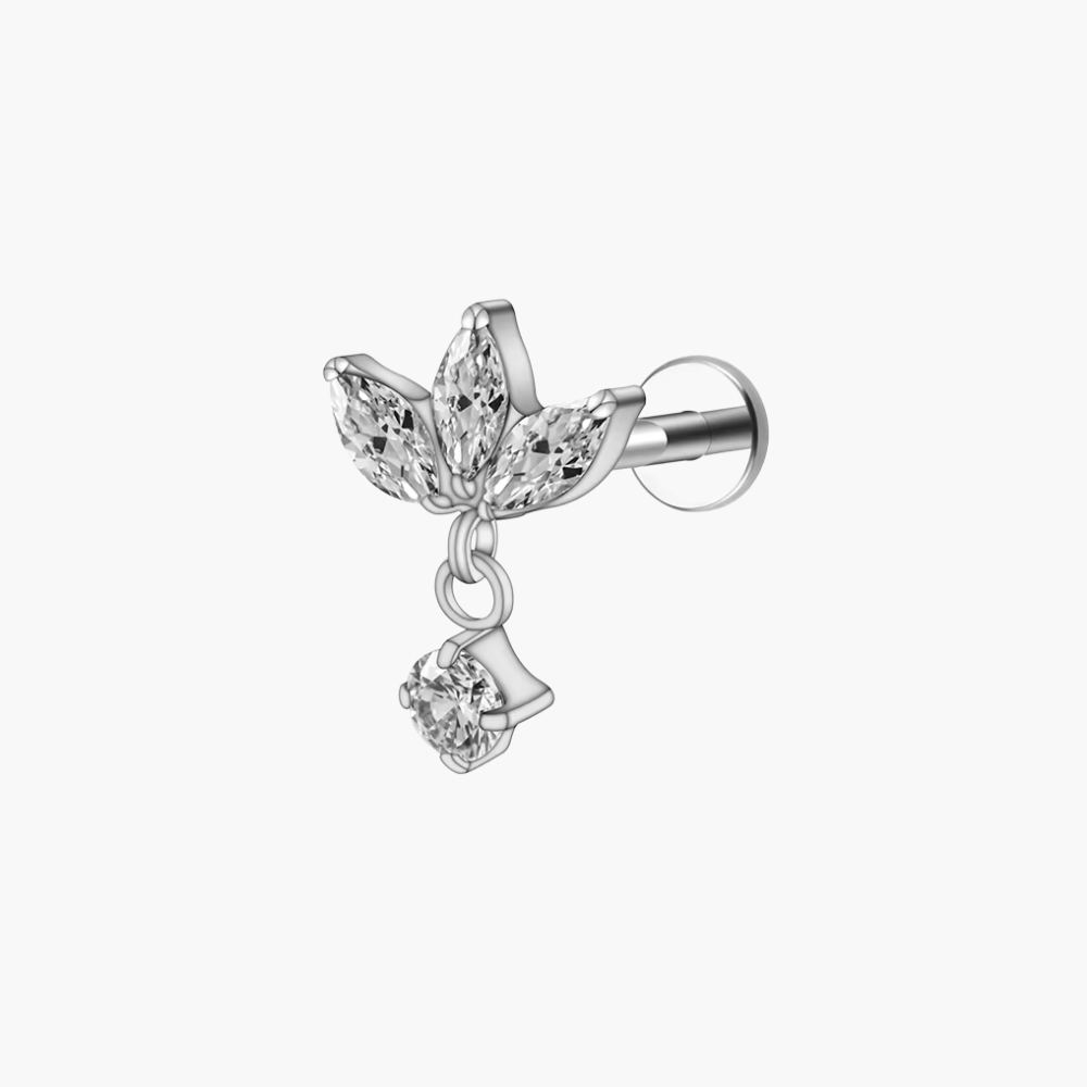 Implant-grade titanium (ASTM F136) flat-back labret stud with three marquise CZ stones in a fan for helix and cartilage piercings
