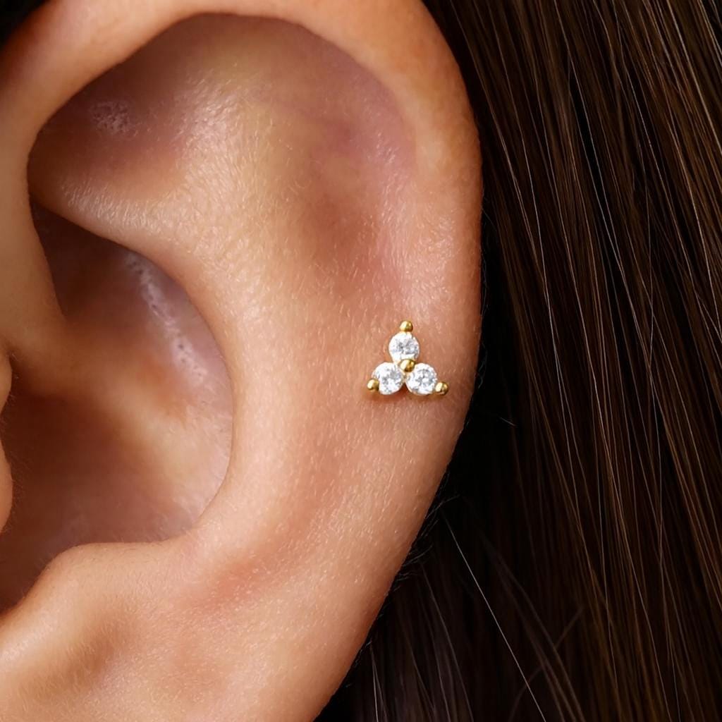 16G Titanium CZ Trinity Stud Earring • Tragus Earring • Helix • Cartilage • Internally threaded • Flat Back Earring • Gift for Her