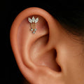 16G Titanium Lotus Flower Stud, CZ Dangle Chain Cartilage Earring, Triple Marquise Helix Conch Piercing, Hypoallergenic Flat Back Labret