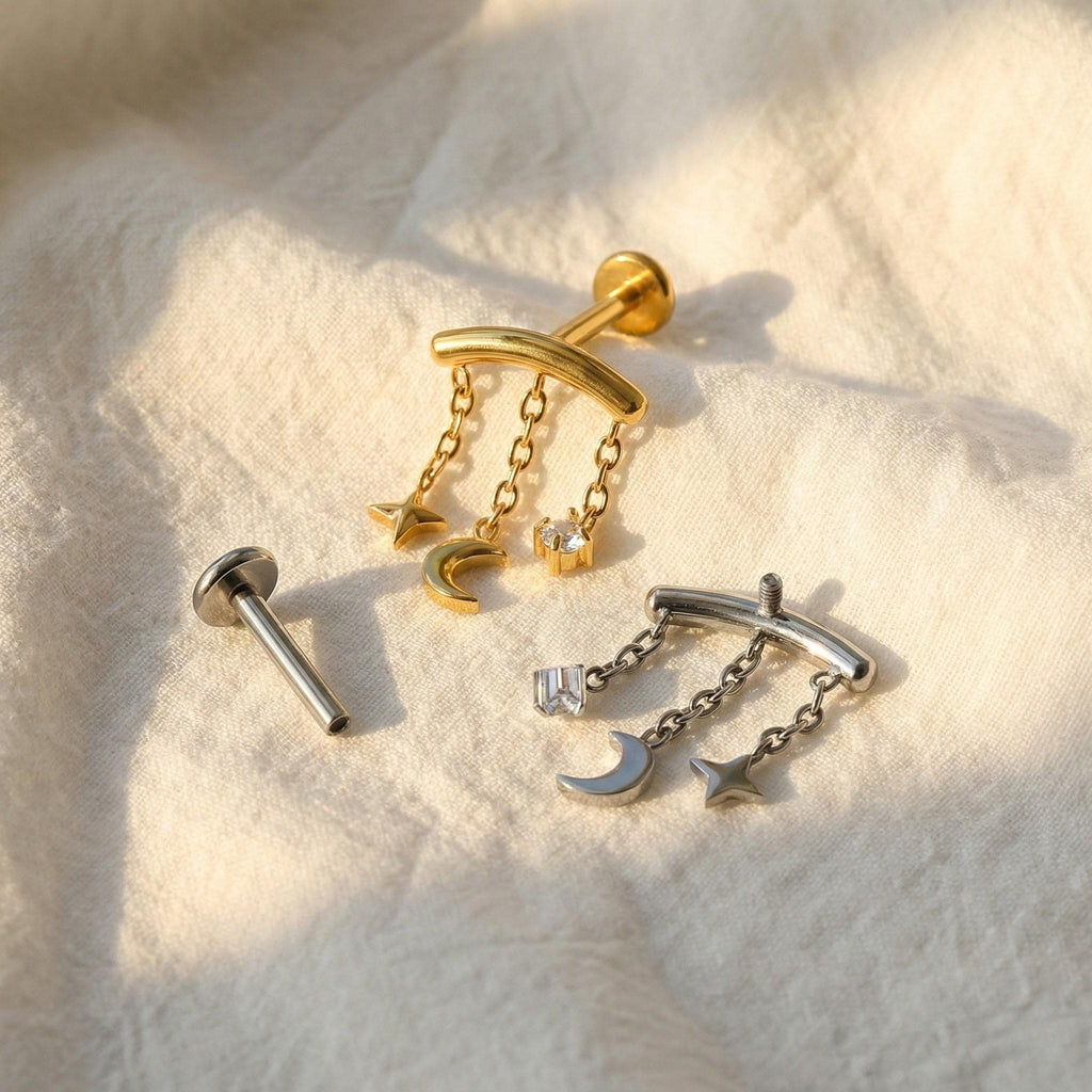 16G Titanium Hidden Helix Chain, Star Moon Dangle Earring, Floating Helix Piercing, CZ Celestial Cartilage Jewelry, Waterfall Stud
