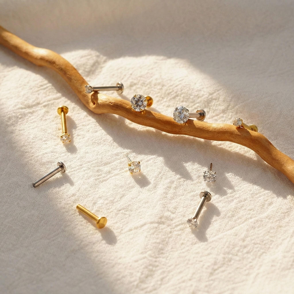 16G 18G 20G Threadless Titanium Stud, Gold Push Pin Flat Back, Tiny Diamond Nose Ring, CZ Helix Tragus Conch Cartilage Earring