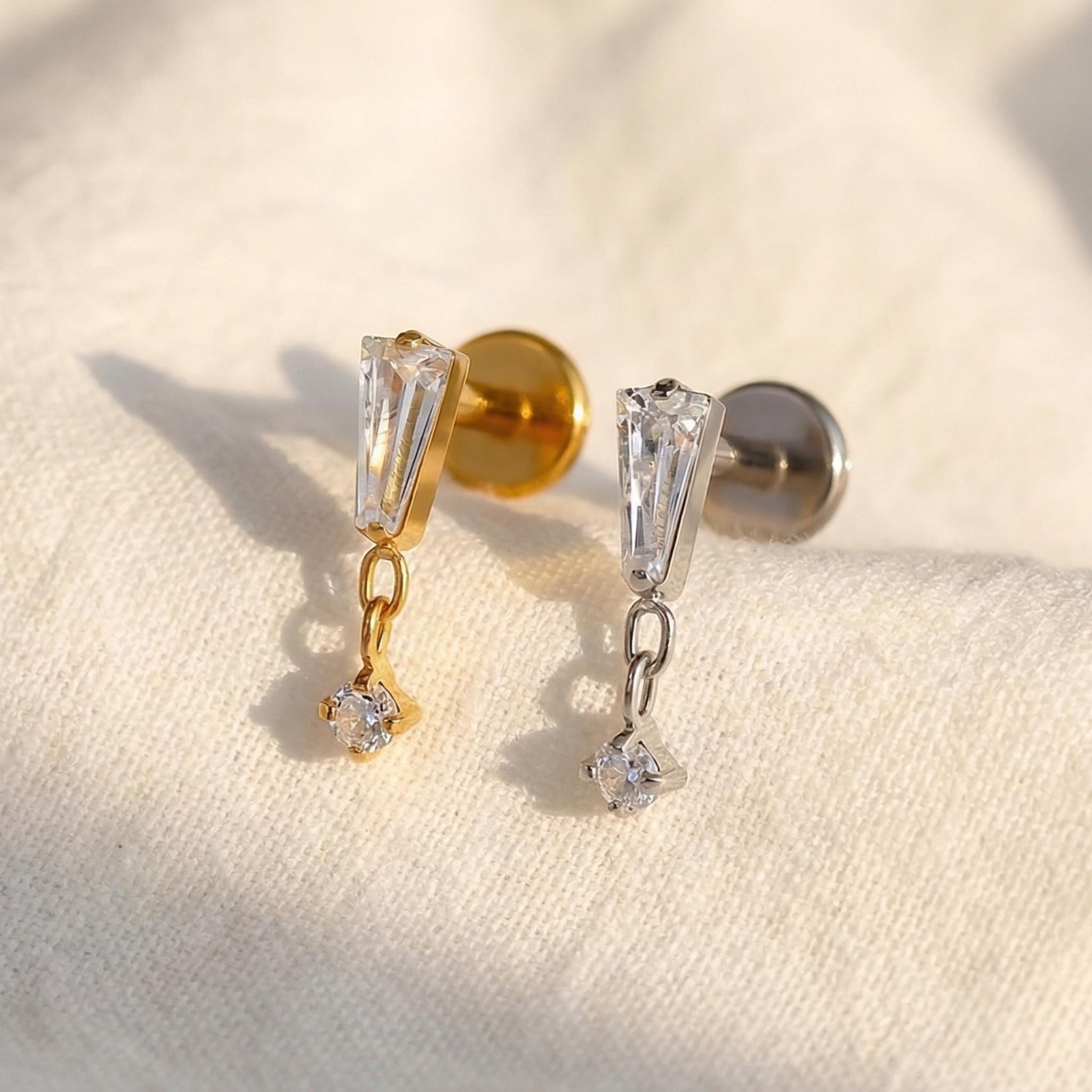 16G Titanium Baguette Dangle Stud, CZ Drop Cartilage Earring, Flat Back Helix Piercing, Hypoallergenic Tragus Lobe Jewelry
