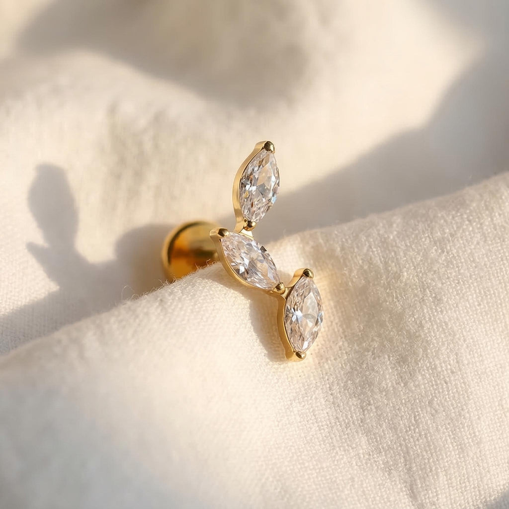 16G Titanium Triple Marquise Cluster Stud, CZ Cartilage Climber Earring, Flat Back Helix Tragus Piercing, Hypoallergenic Labret