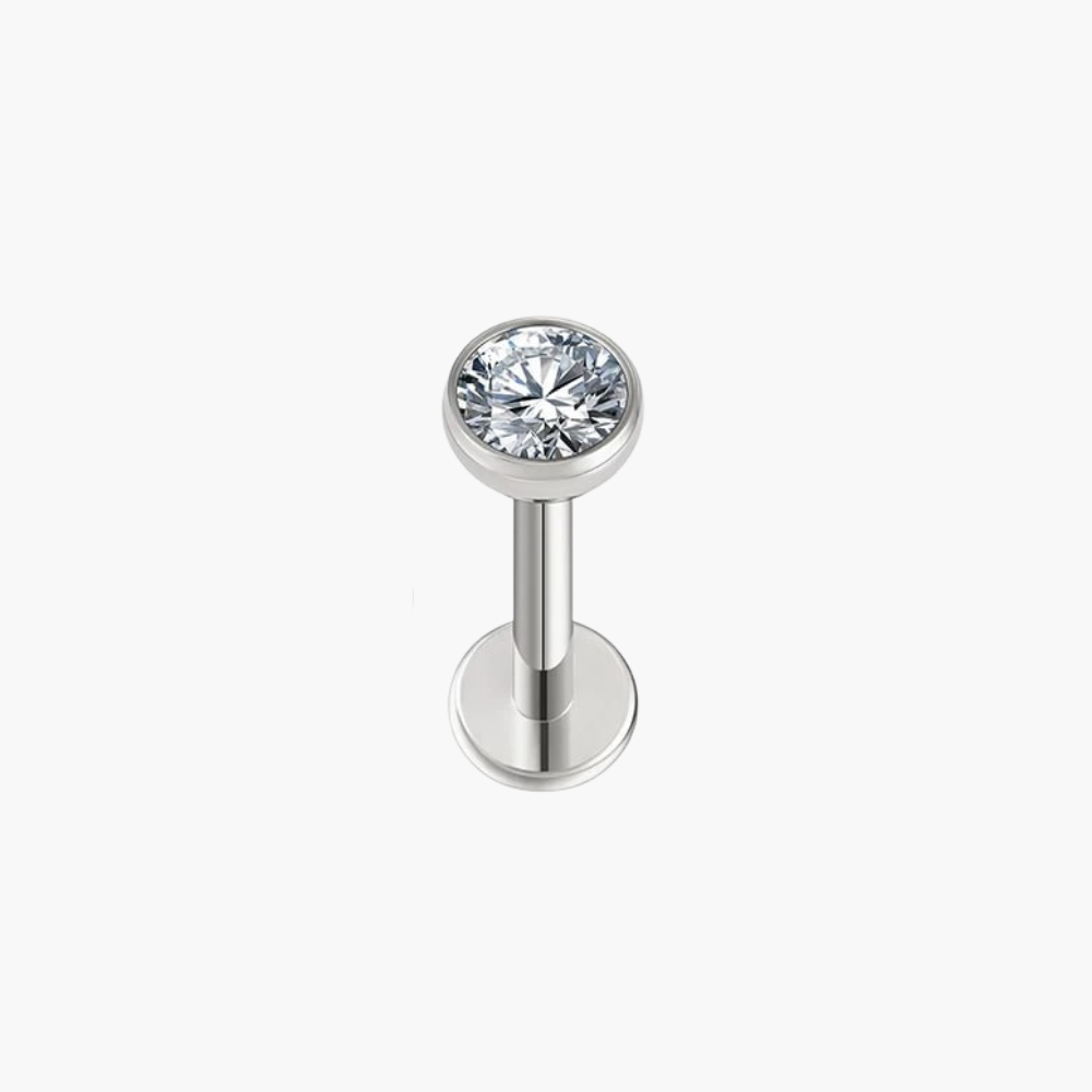 Bezel CZ flat back labret stud in implant-grade titanium