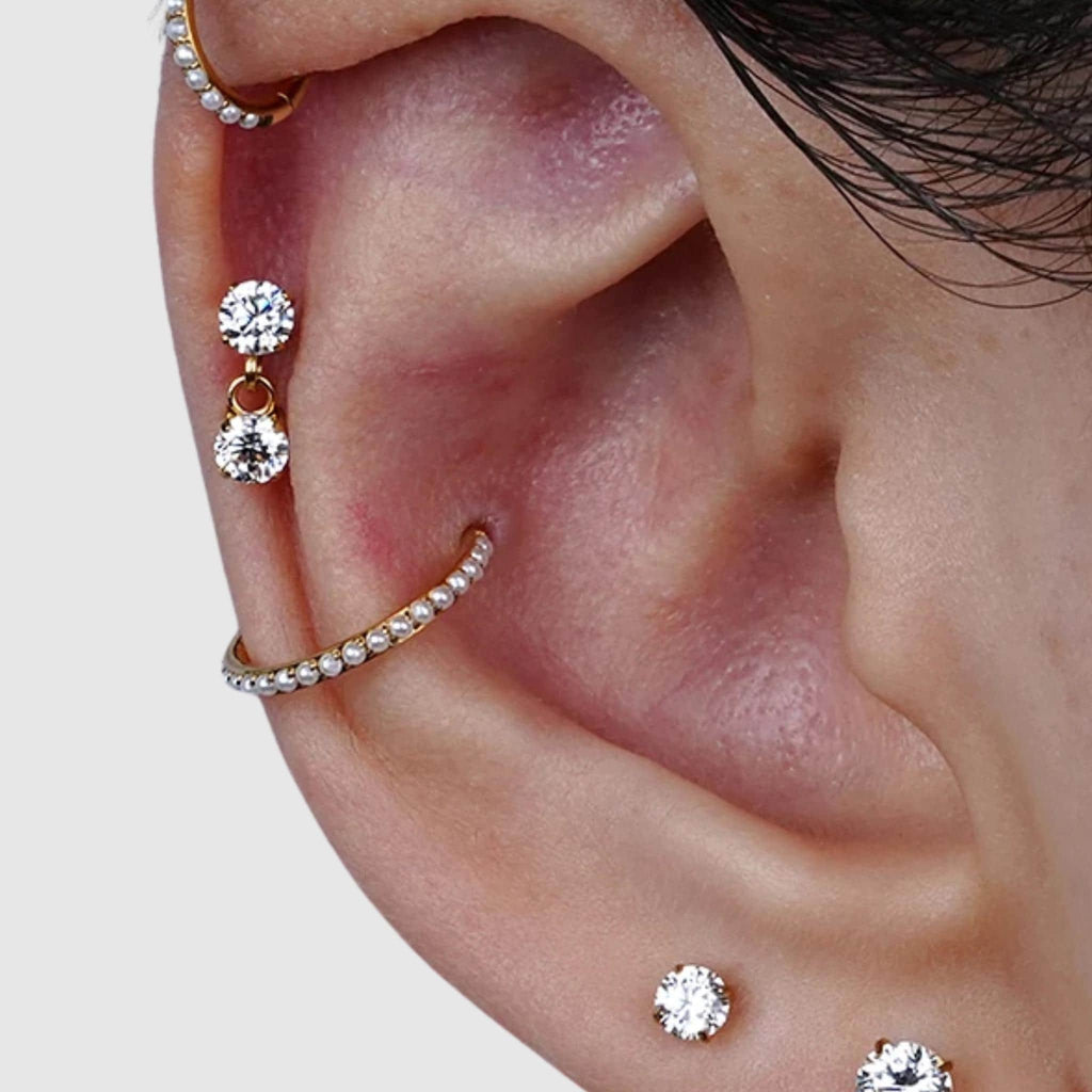 16G Titanium Double CZ Dangle Stud, Internally Threaded Tragus Piercing, Floating Drop Charm, Helix Cartilage Earring