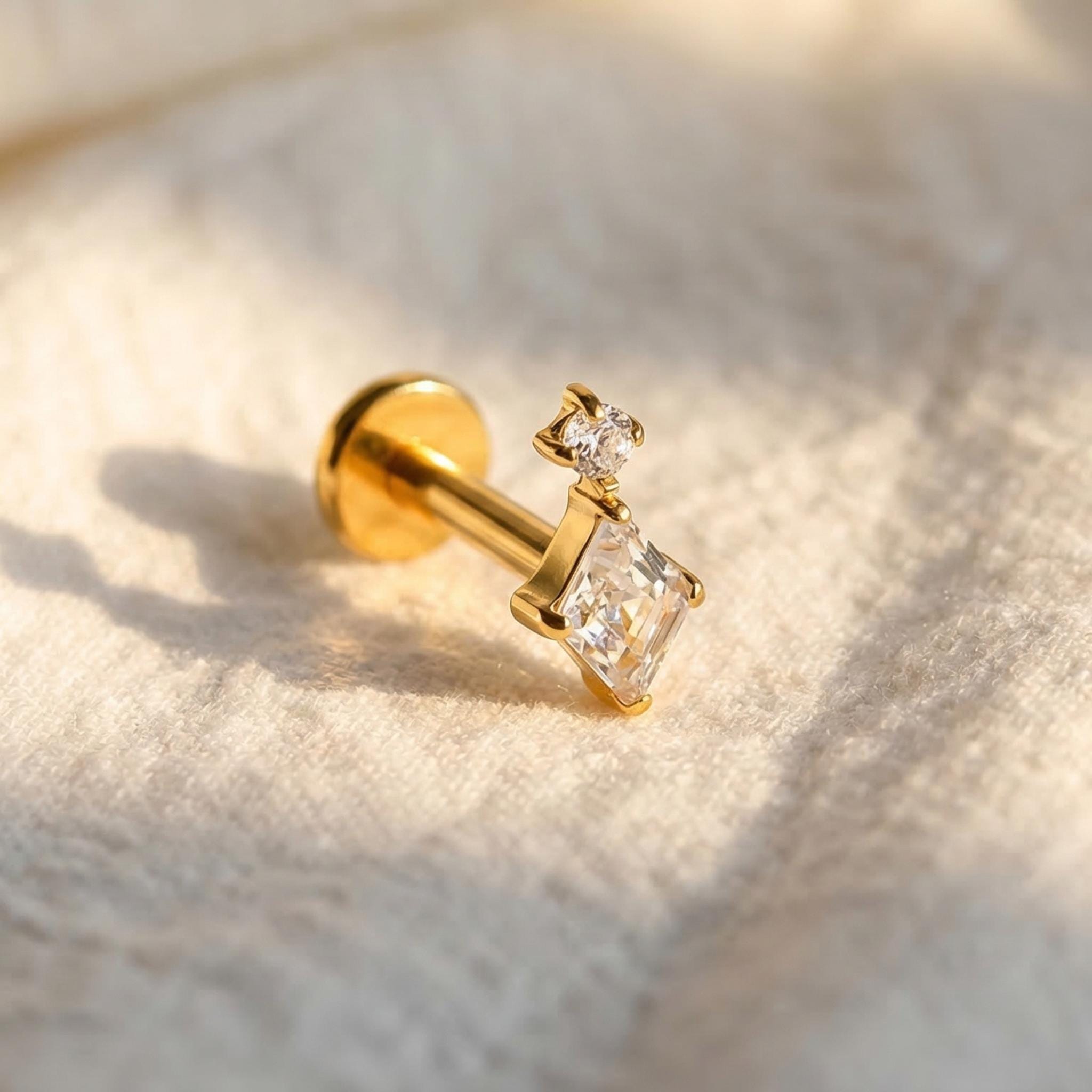 16G Titanium Geometric CZ Stud, Square Round Flat Back Labret, Cartilage Helix Earring, Hypoallergenic Conch Tragus Piercing