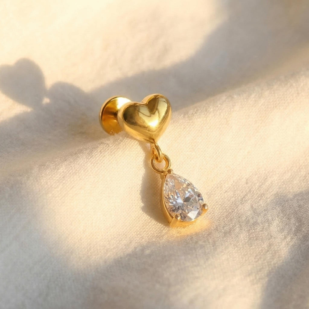 16G Titanium Heart Dangle Stud, Teardrop CZ Cartilage Earring, Flat Back Helix Tragus Piercing, Romantic Drop Labret Jewelry